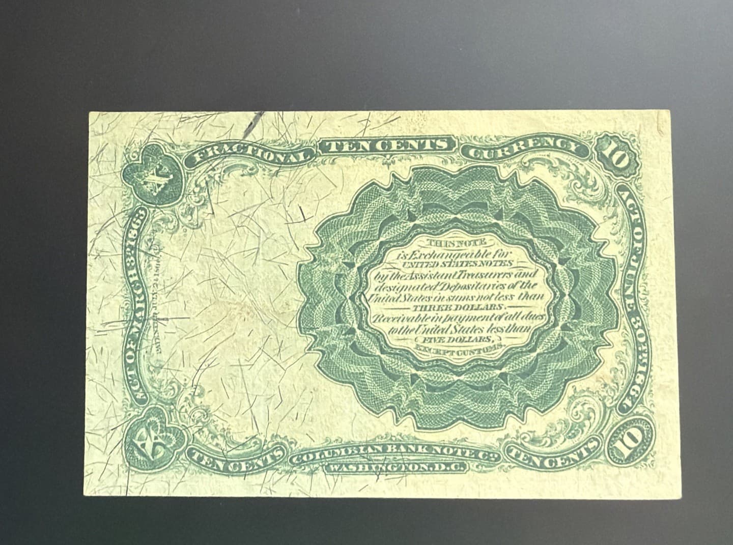 1874 US 10 Cent Fractional Currency - 5th Issue - Circulated  view 2