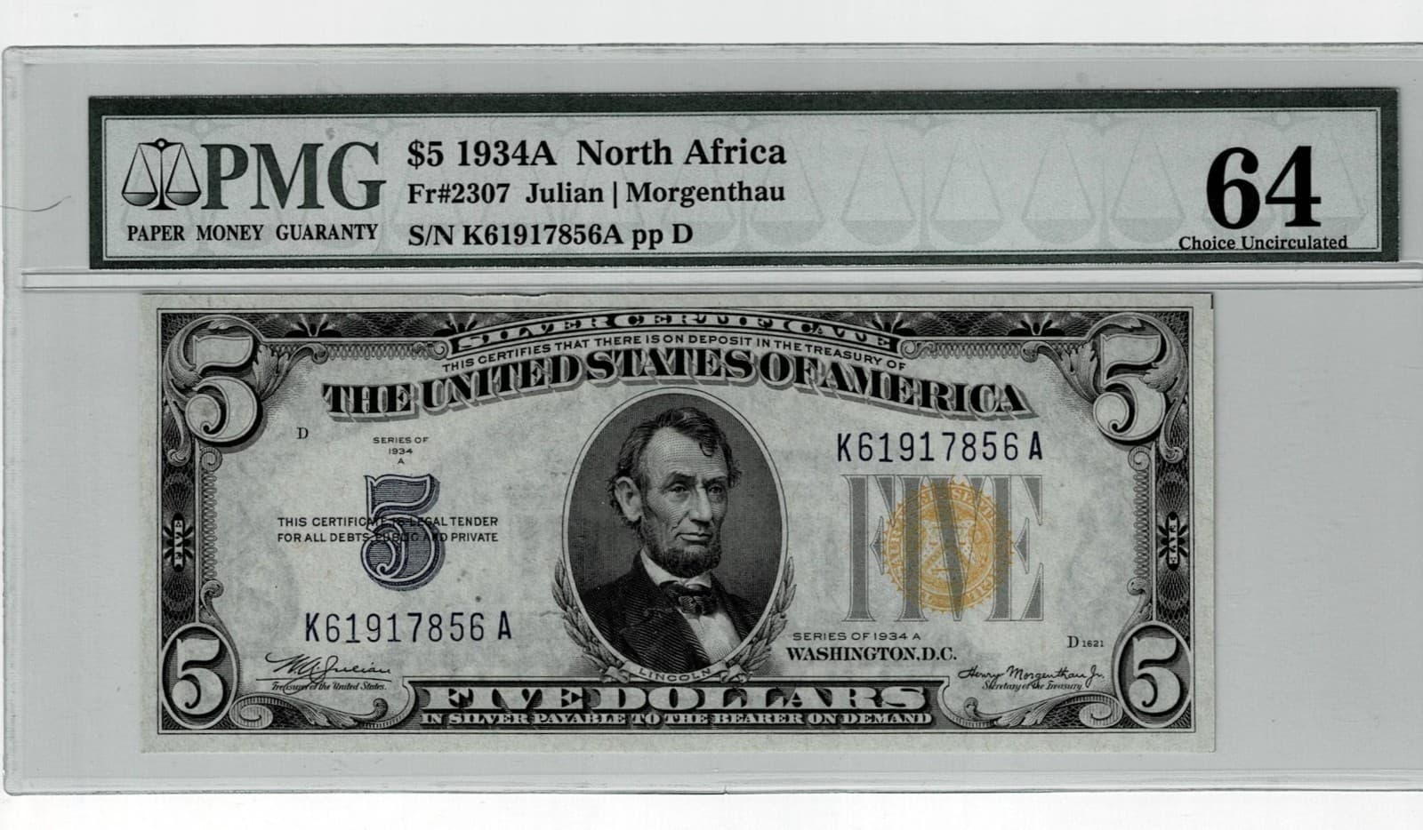 1934-A $5 NORTH AFRICA SILVER CERTIFICATE WWII FR#2307 PCGS UNC 64 — view 1