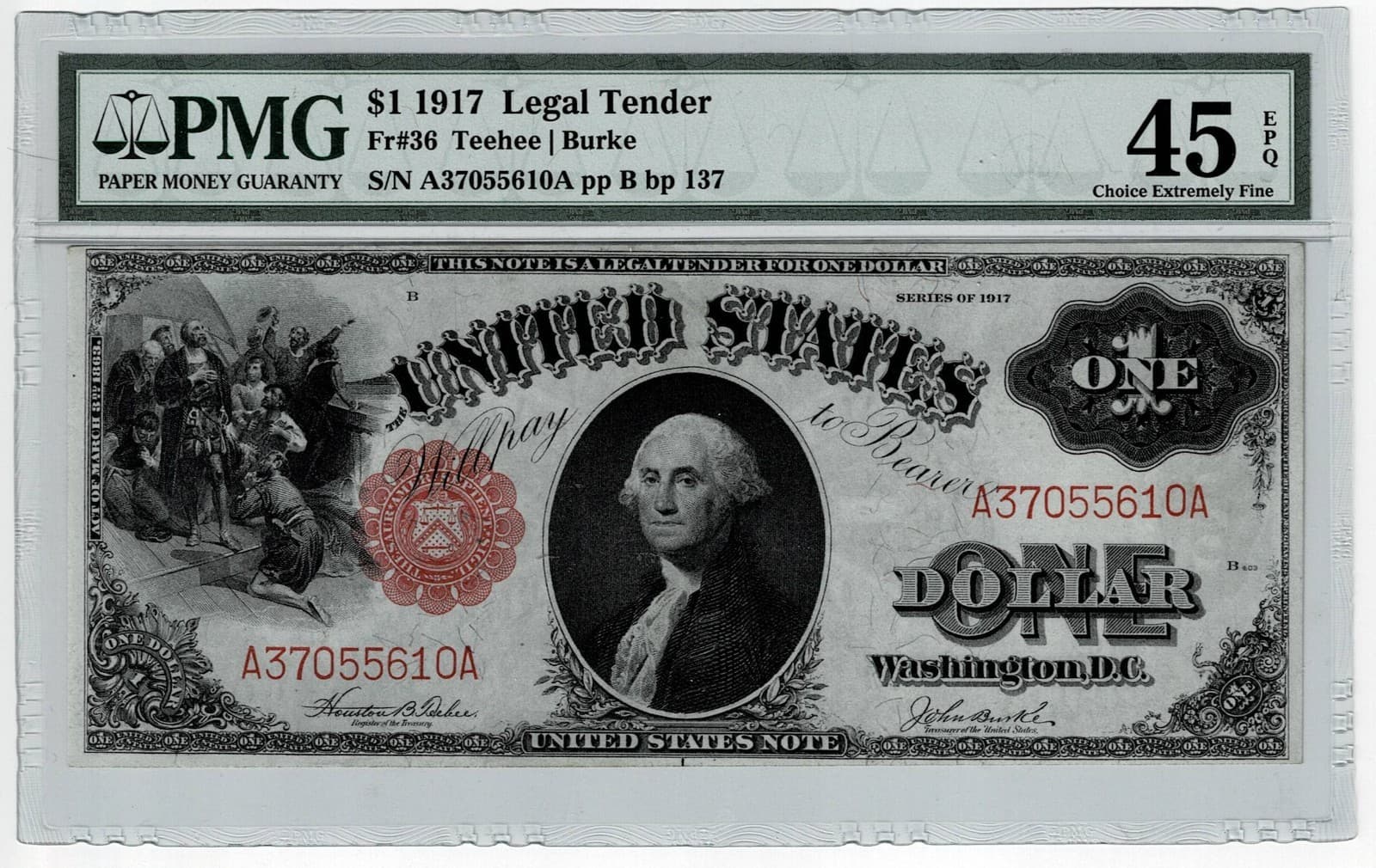 US $1 1917 Legal Tender Teehee/Burke FR 36 PMG 45 EPQ Ch XF — view 1