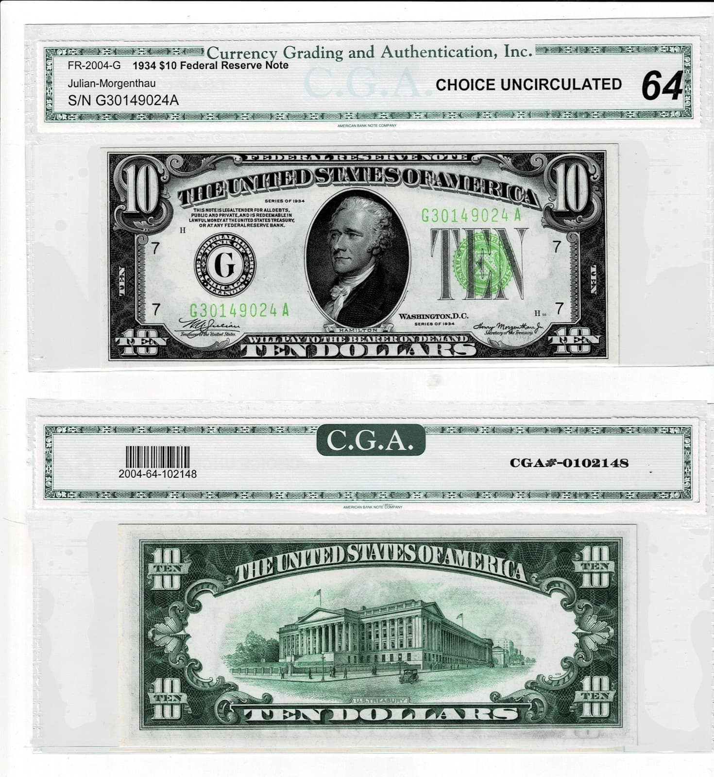 Lime🍋‍🟩Green Seal 1934 $10 FRN CHICAGO FR. 2004-G CGA UNC 64