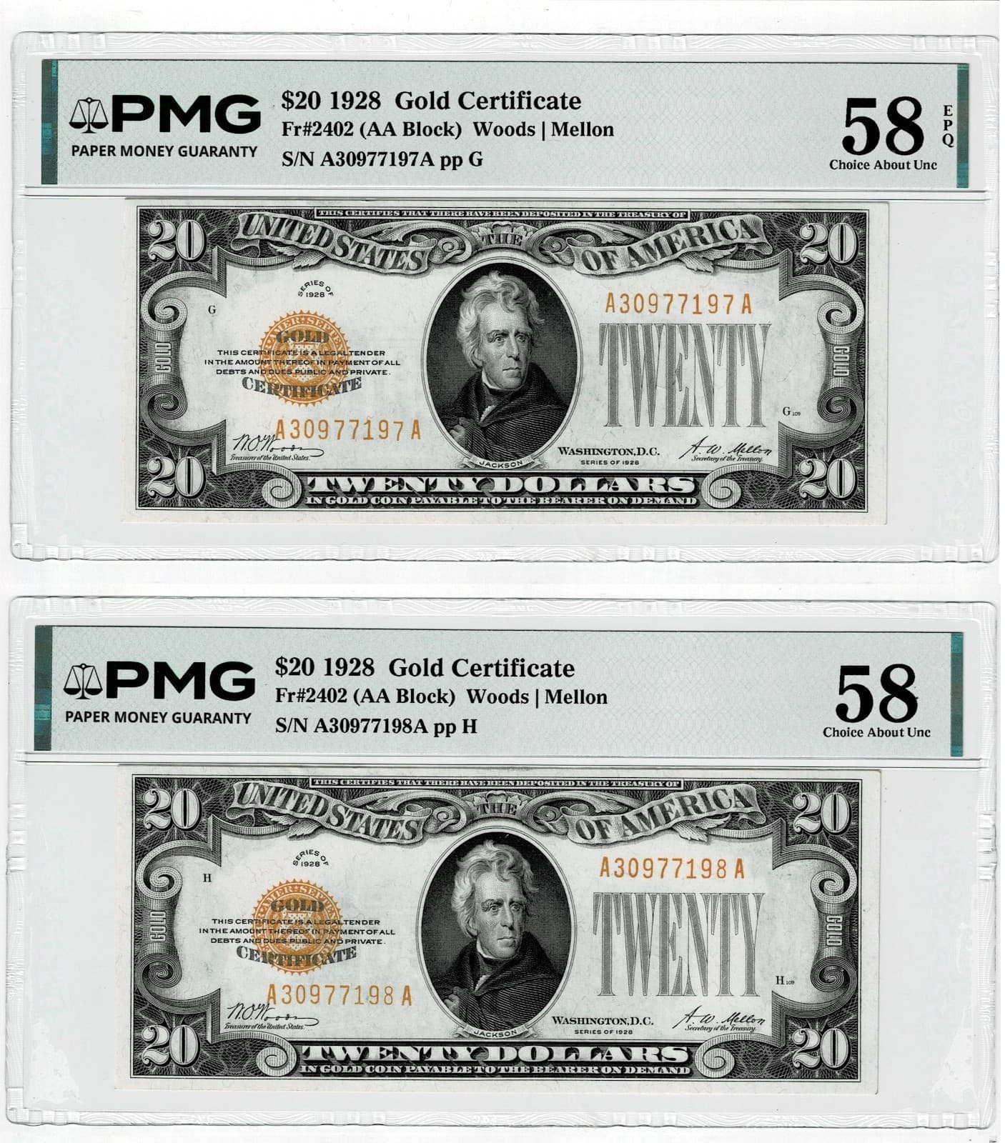 Consecutive Gold Certificates $20 Fr. 2402 PMG Super Rare