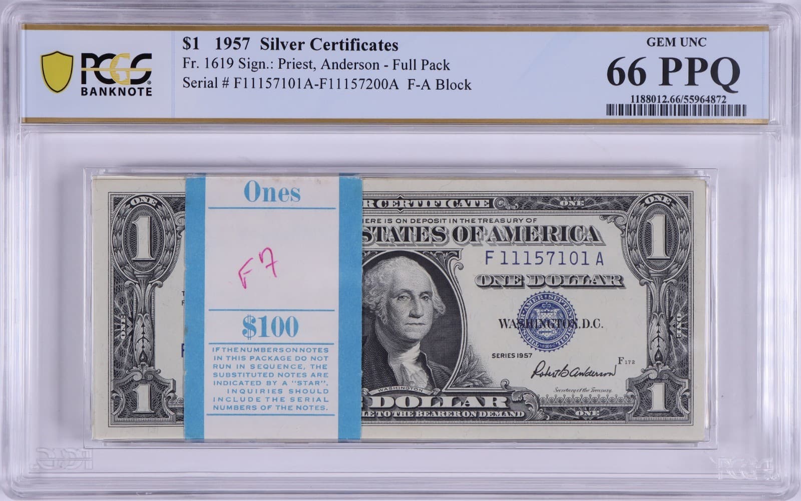 1957 $1 Silver Certficates, 100 consecutive, Graded BEP Pack , GEM 66 PPQ
