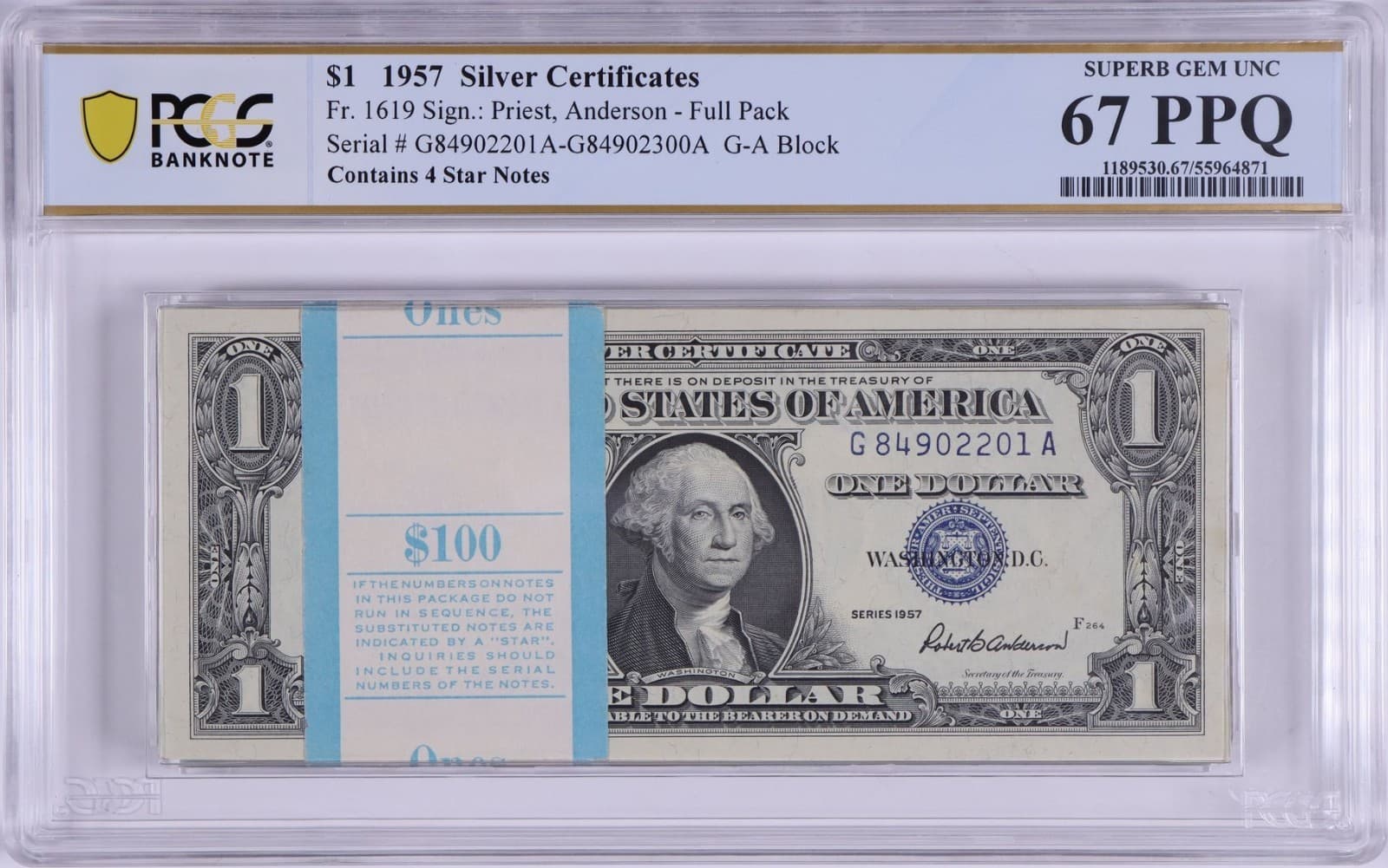 SUPERB GEM 1957 $1 Silver Certficates 100 consecutive 67 BEP Pack  PPQ, 4 Stars