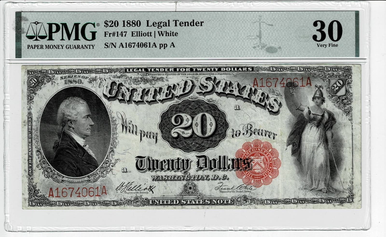 1880 $20 Legal Tender FR-147- Hamilton - Graded PMG 30 - Very Fine — view 1