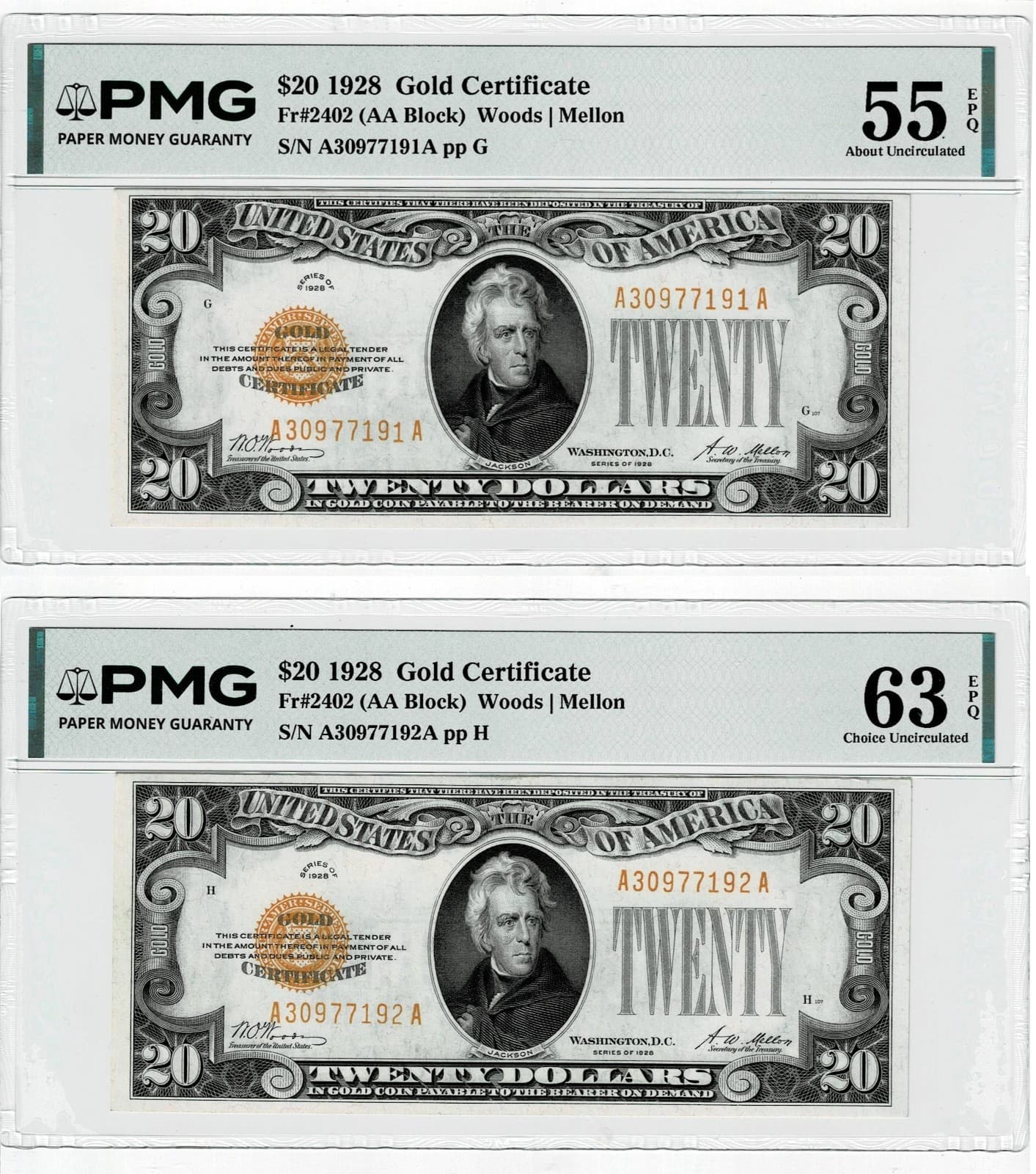 Consecutive Gold Certificates $20 Fr. 2402 PMG Super Rare