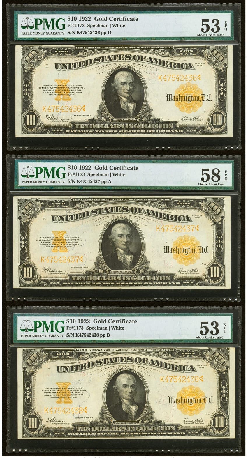 Consecutive Triplet  1922 $10 Gold Certificates FR#1173 PMG Almost Uncirculated