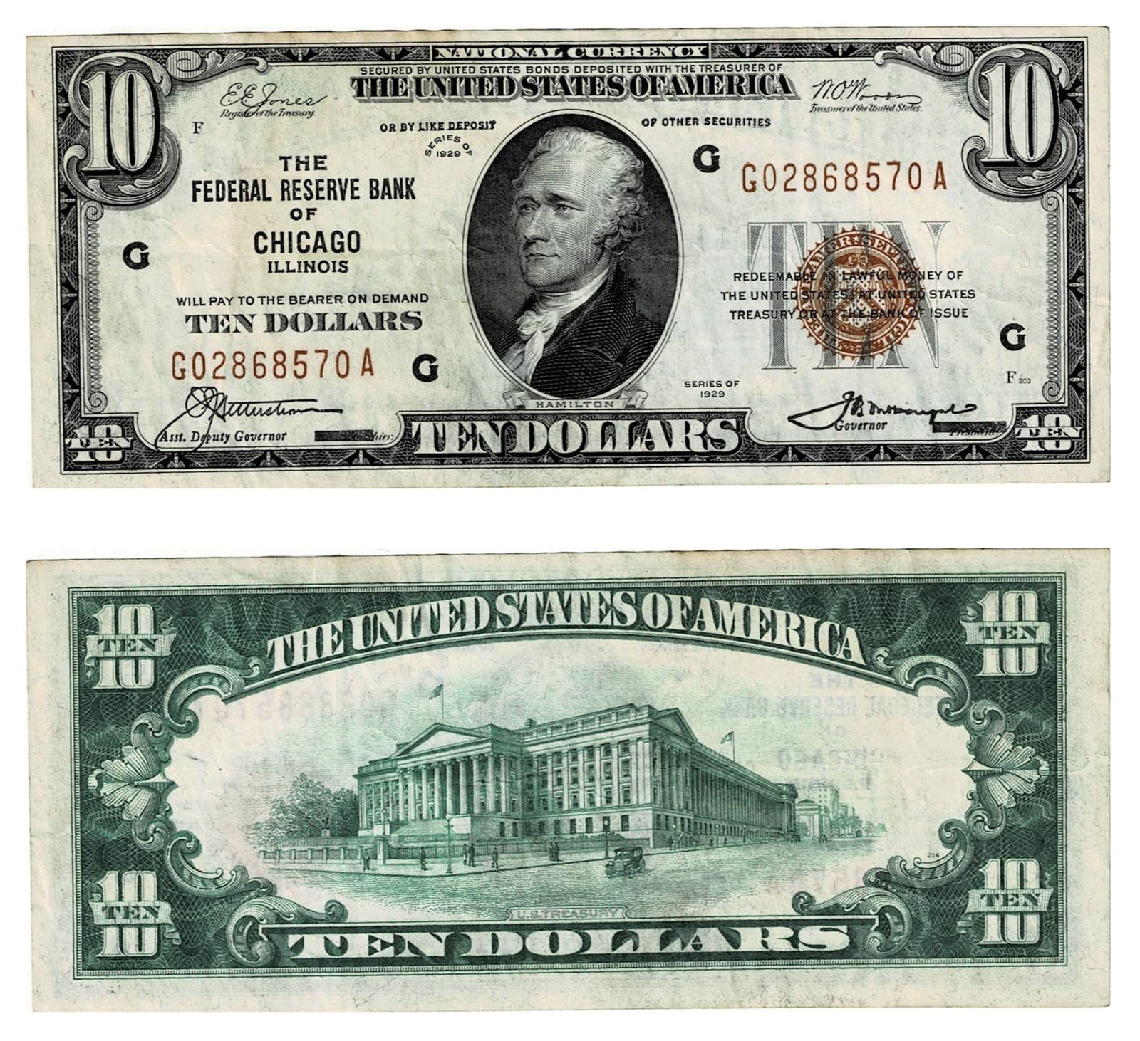 U.S. (Chicago, IL) - Series of 1929 $10.00 National Currency Banknote — view 1