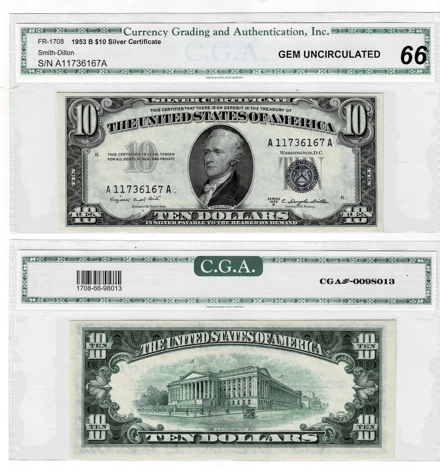 1953-B $10 Silver Certificate FR. 1708 CGA UNC 66