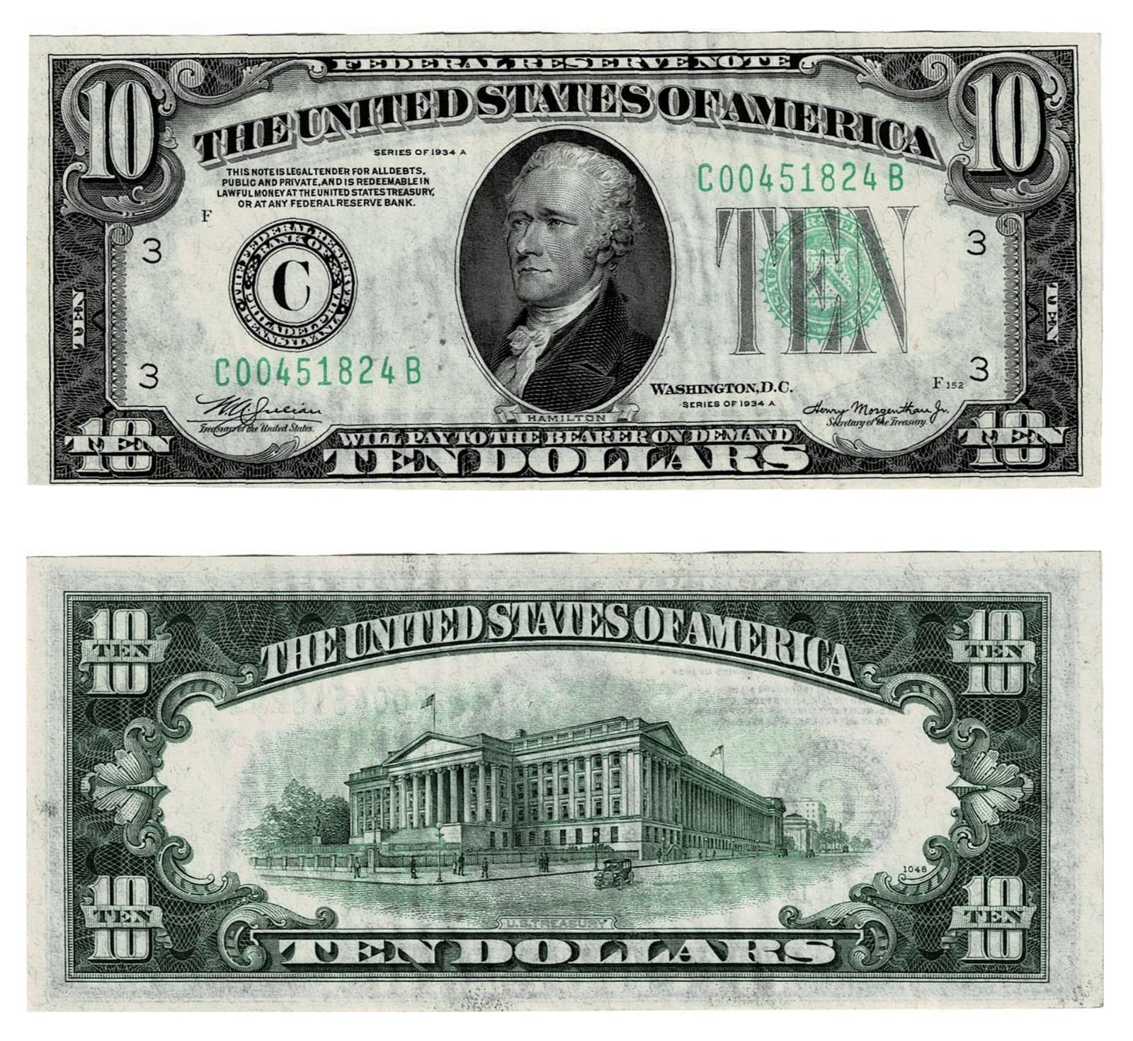 1934 A $10 Federal Reserve Note Bill Ten Dollar Philadelphia — view 1