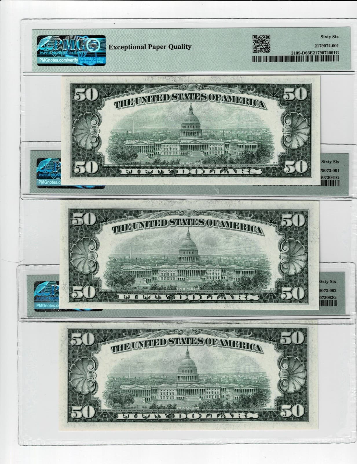 Consecutive Triplet 1950B $50  FR 2109-D DA Block PMG 66 EPQ Sequential view 2