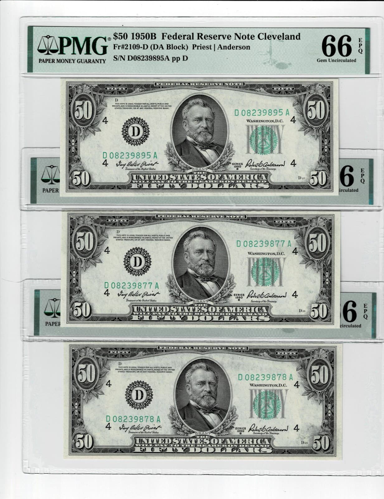Consecutive Triplet 1950B $50  FR 2109-D DA Block PMG 66 EPQ Sequential