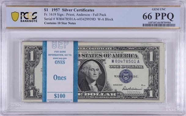 GEM 💎 Pack 10 Stars ⭐ 1957 $1 Silver Certficates 100 consecutive BEP GEM 66 PPQ