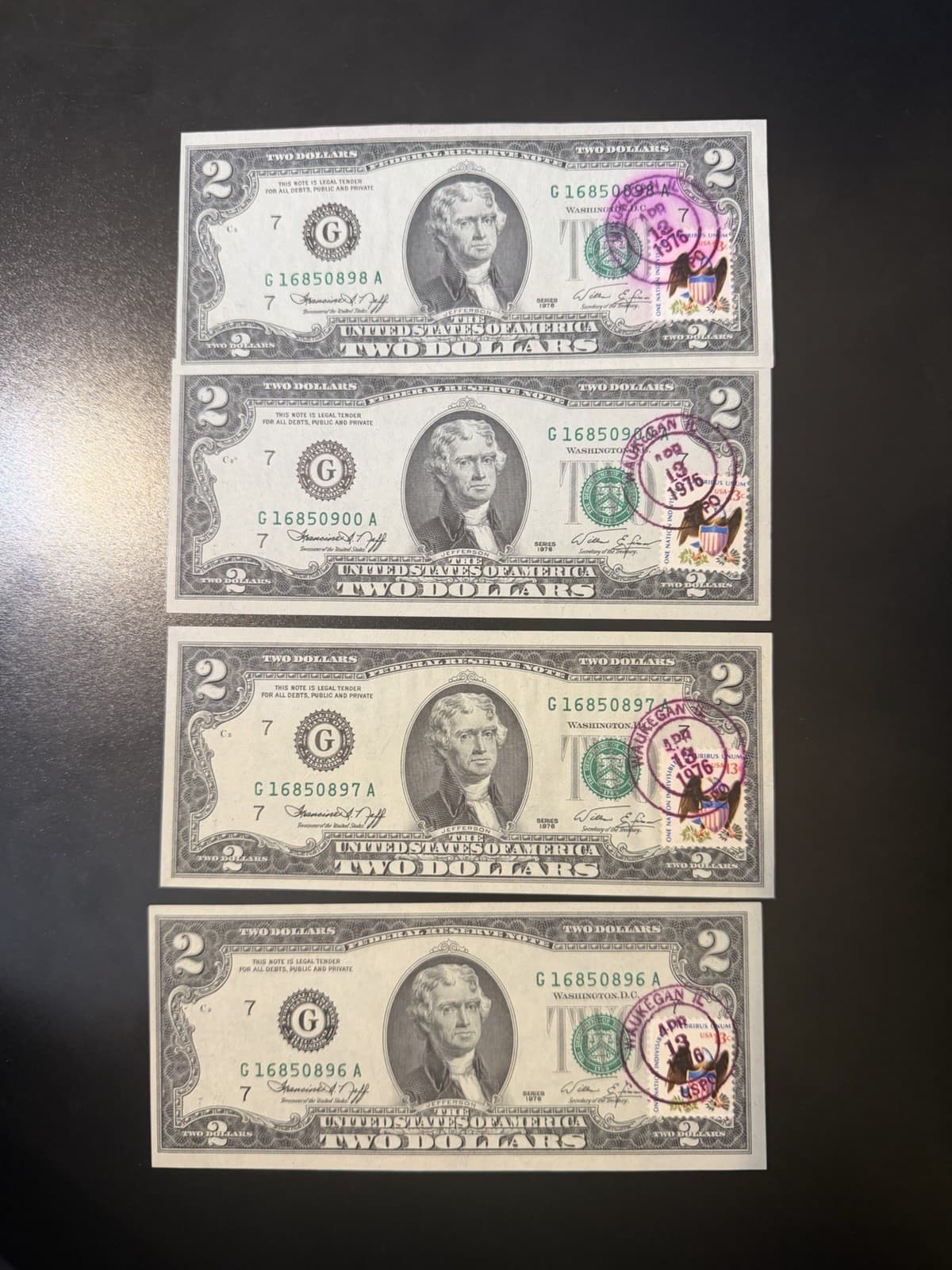 Set of 4 x 1976 $2 Bill First Day Issue APRIL 13 1976 Uncirculated — view 1