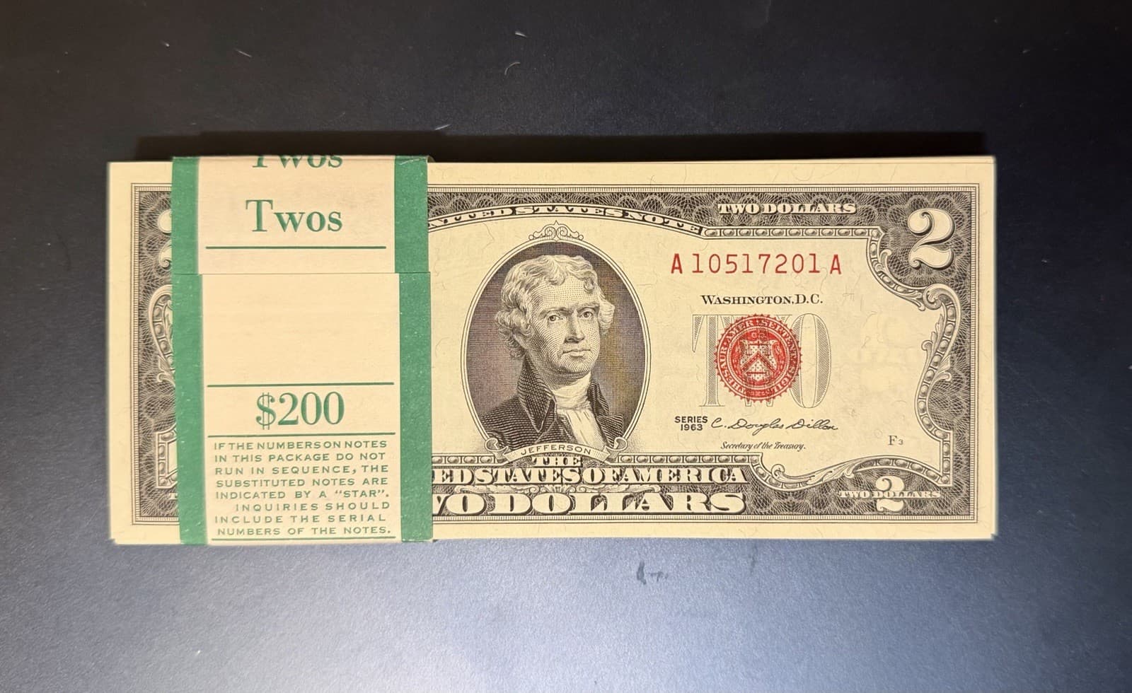 Rare 1963 $2 FULL Pack Fancy Serial (100) Sequential UNC — view 1