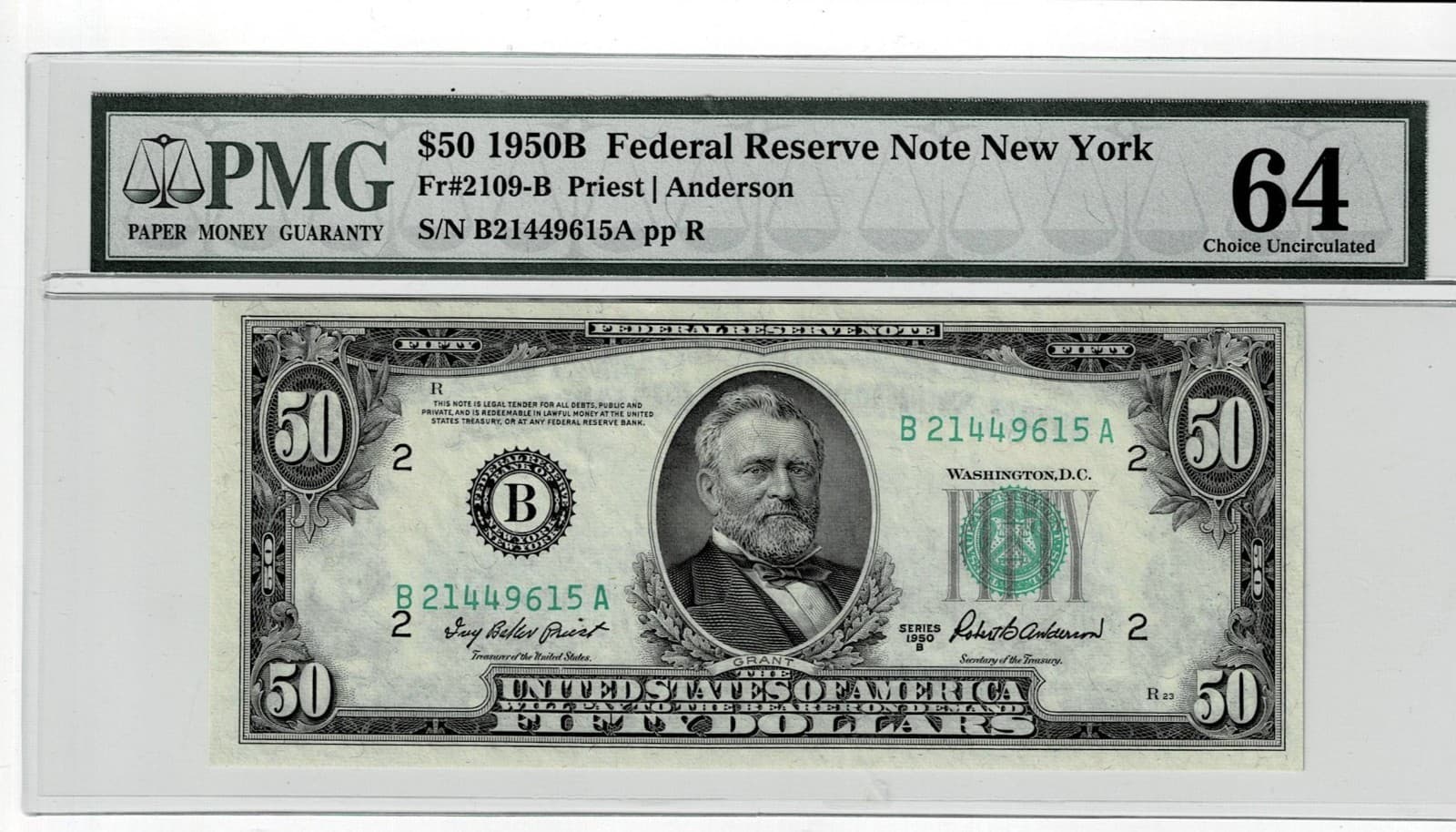 1950B $50  FR 2109-B BA Block PMG 64