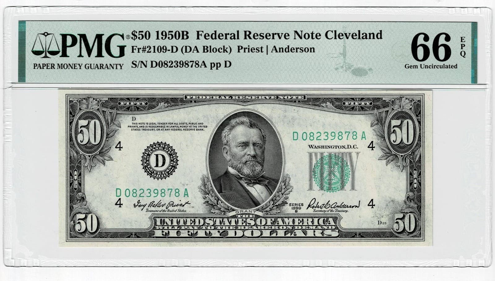 Consecutive Triplet 1950B $50  FR 2109-D DA Block PMG 66 EPQ Sequential view 5