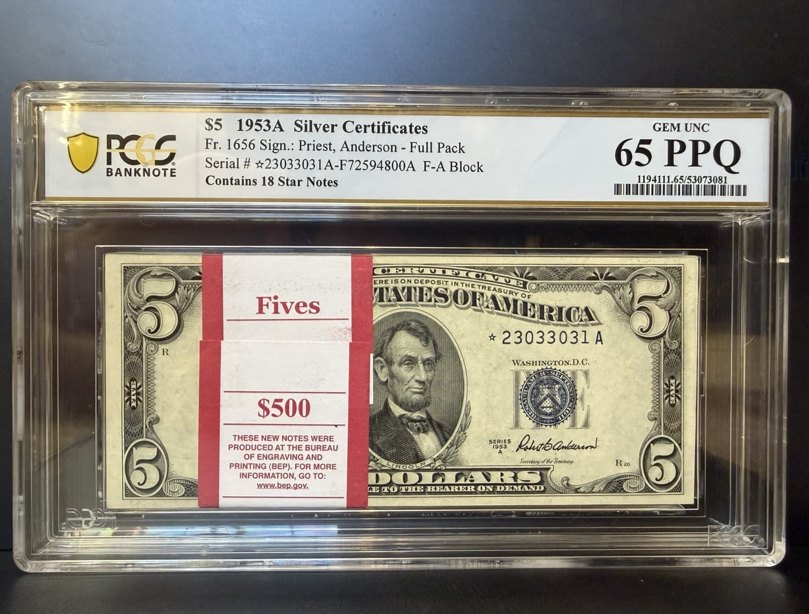 Extremely Rare 1953-A Pack of  100 Sequential $5 Silver Certificates 18 STARS — view 1