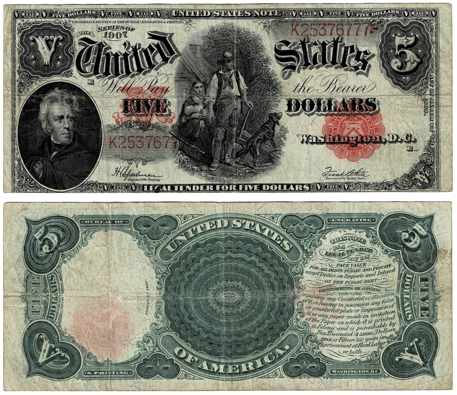 1907 $5 LARGE Size WOODCHOPPER Legal Tender United States Note — view 1