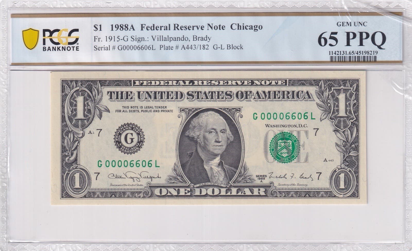 LOW SERIAL $1 G00006606L 4-Digit Gem UNC PCGS 65 PPQ — view 1