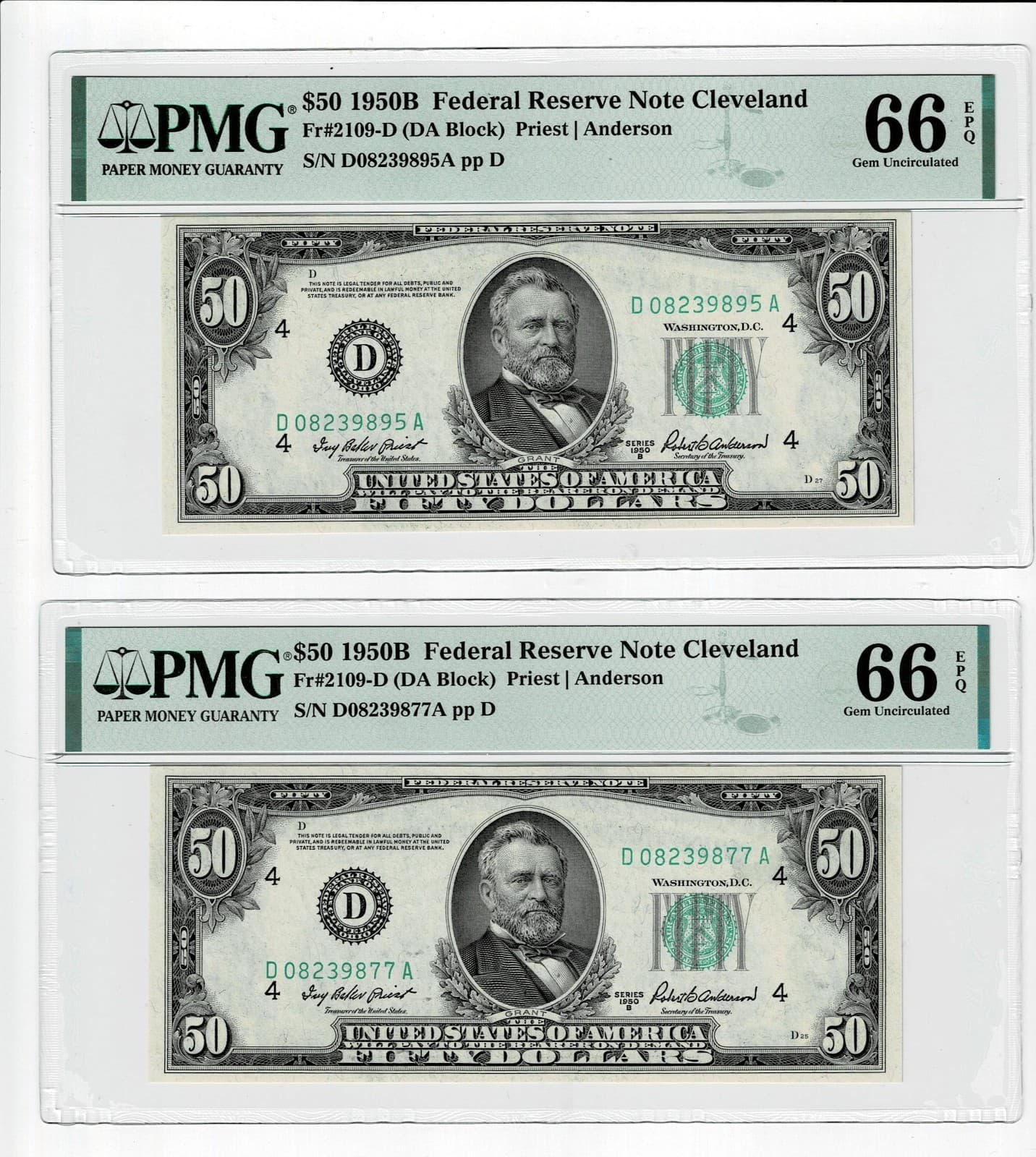 Consecutive Triplet 1950B $50  FR 2109-D DA Block PMG 66 EPQ Sequential view 3
