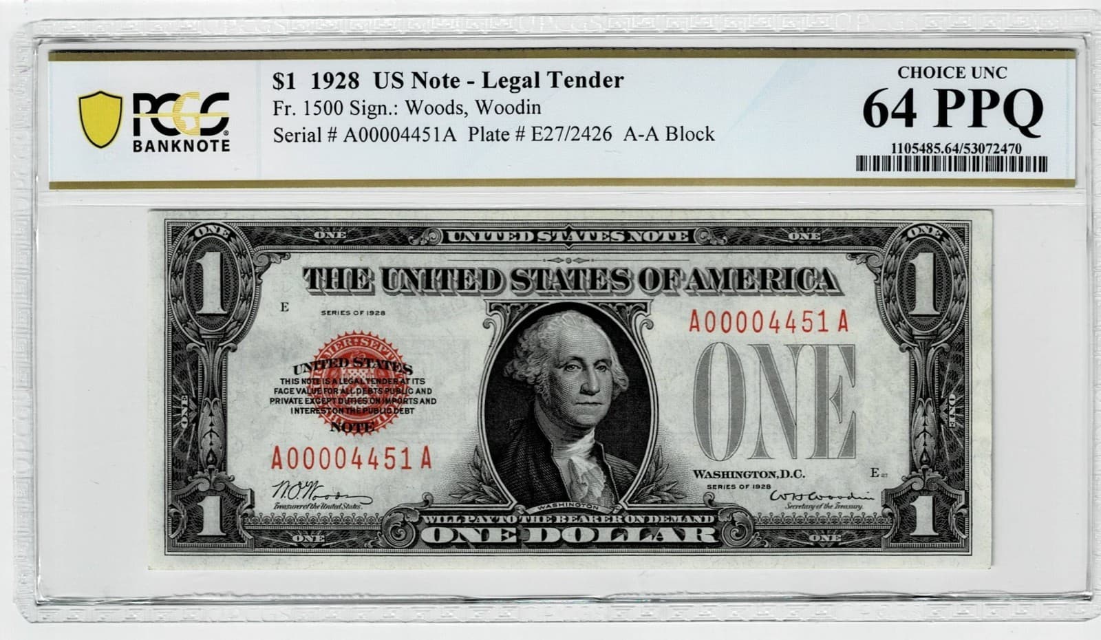 FOUR DIGIT SERIAL 4451 1928 $1 USN Fr 1500 PCGS Choice UNC 64 PPQ — view 1