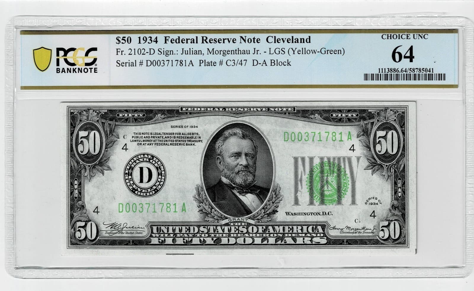 Lime Green Seal $50 1934-D Cleveland Fr. 2102-D Choice Unc PCGS 64