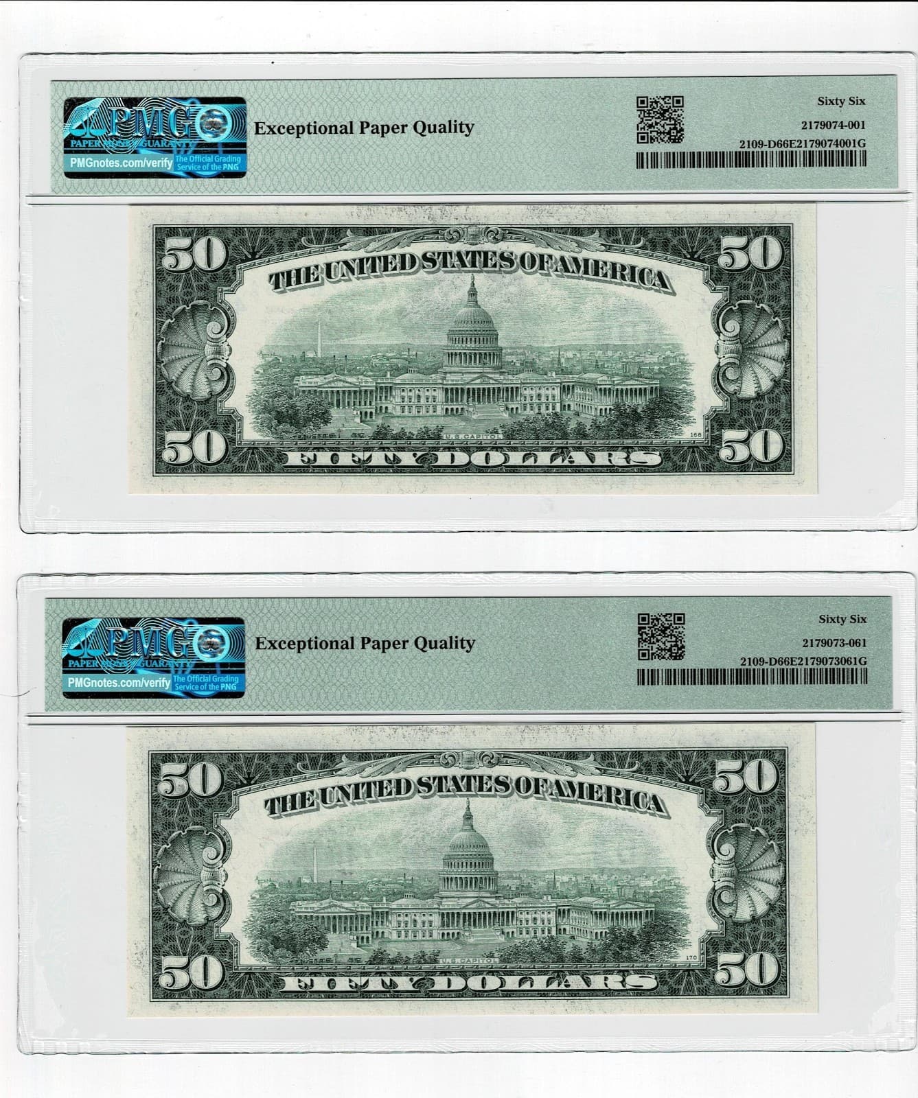 Consecutive Triplet 1950B $50  FR 2109-D DA Block PMG 66 EPQ Sequential view 4