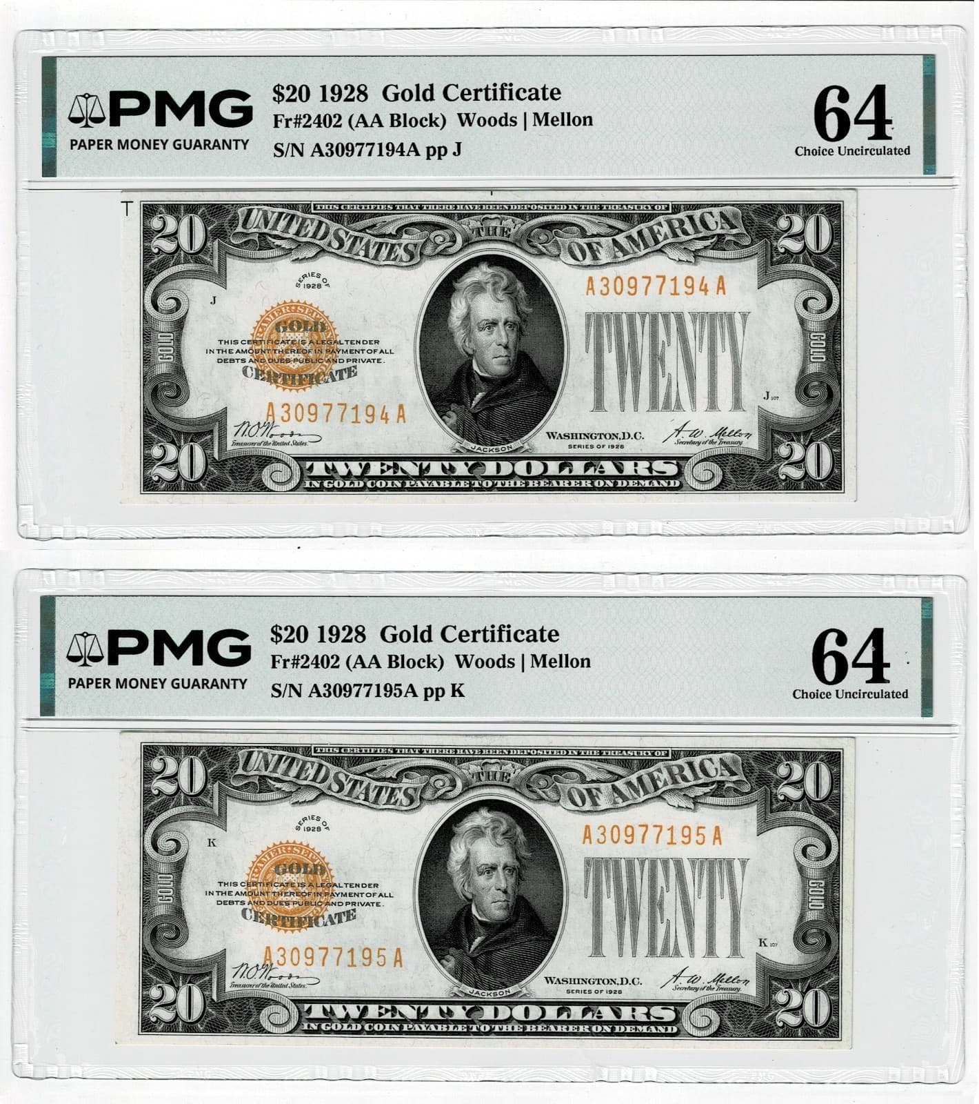 Consecutive Gold Certificates $20 Fr. 2402 PMG Super Rare