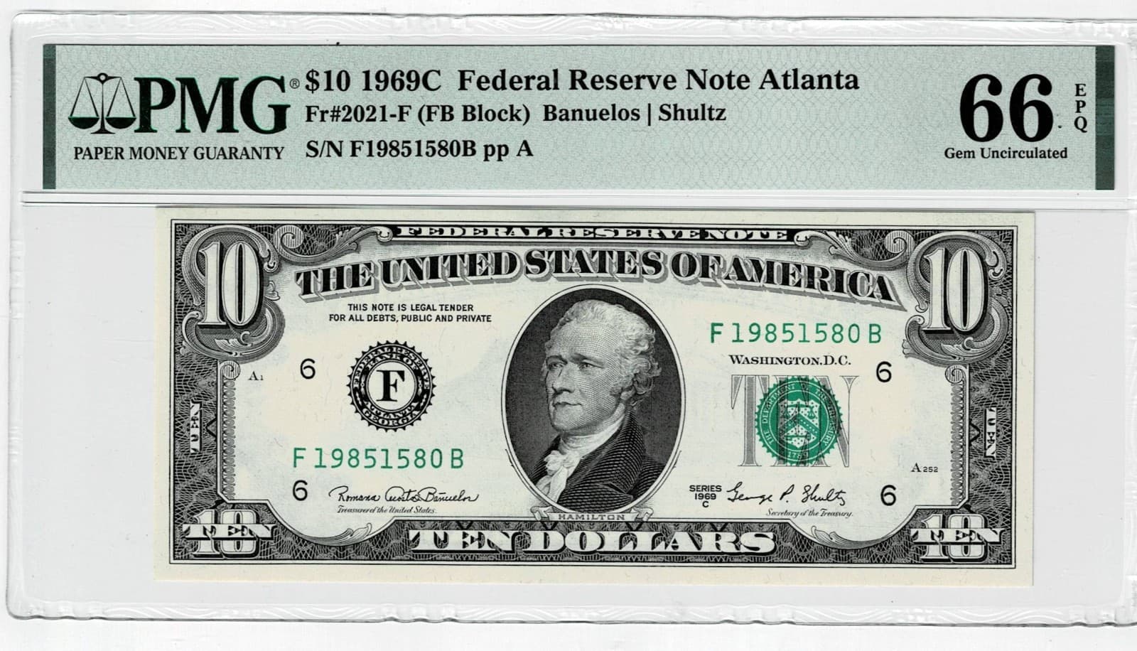 1969-C $10 Dollar Federal Reserve Note Atlanta PMG 66 EPQ Gem UNC