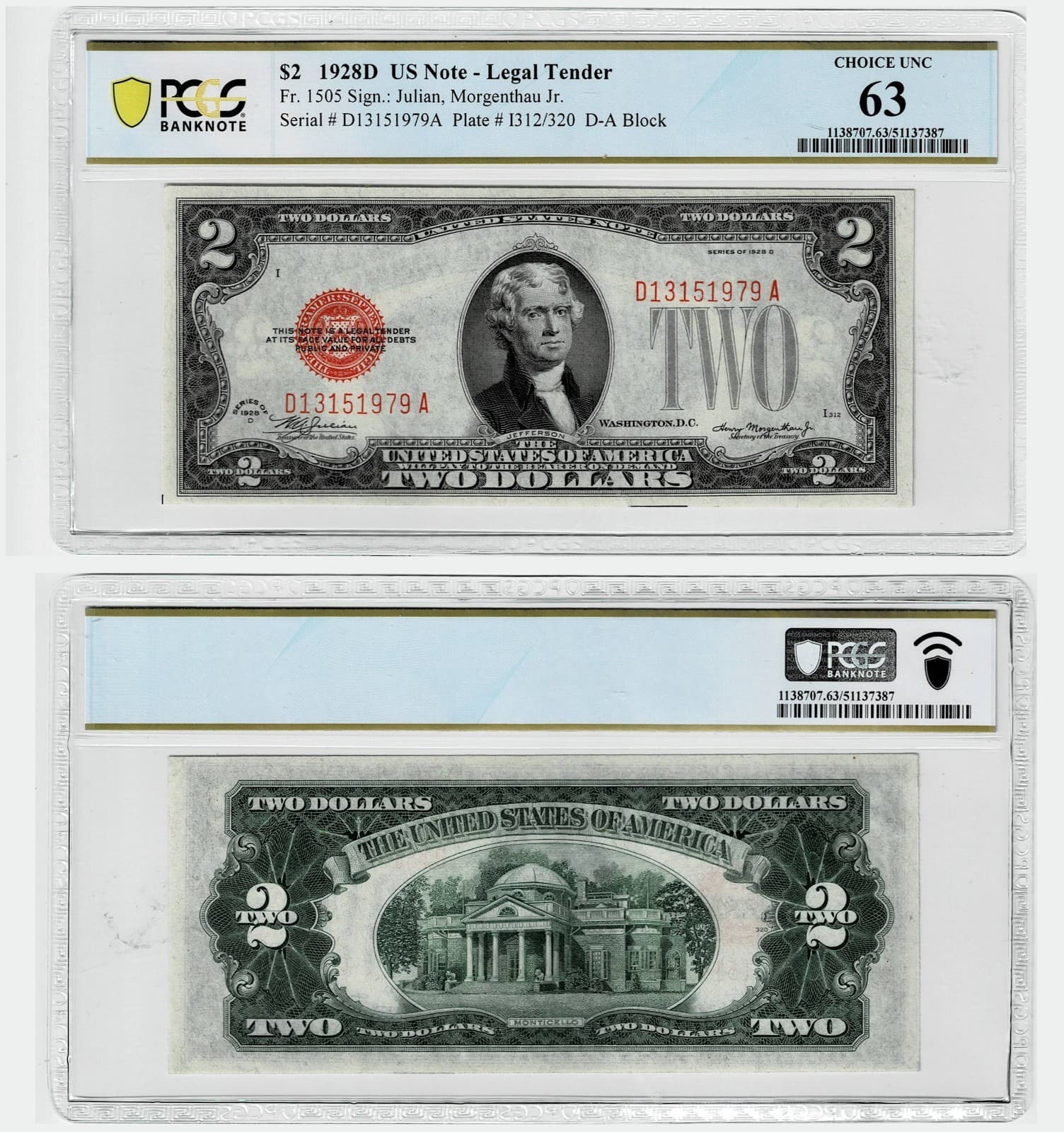 1928 D $2 Legal Tender Red Seal Fr#1505 Choice Unc 63 PCGS — view 1