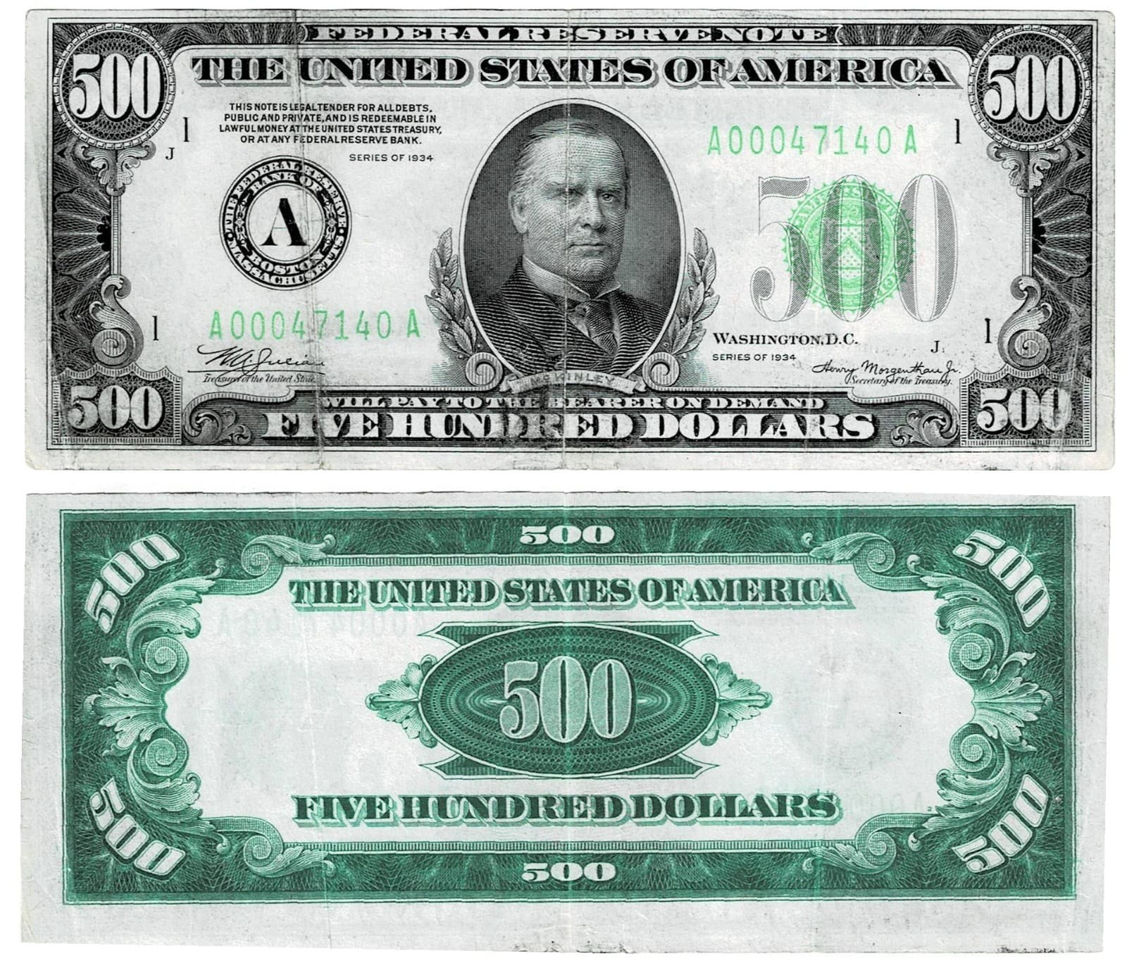 1934 $500 Federal Reserve Note Boston — view 1