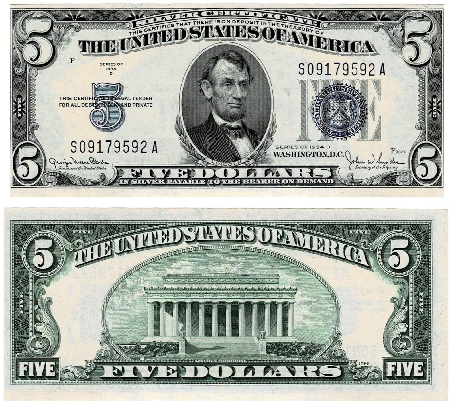 1934-D $5 Silver Certificate Blue Seal UNC — view 1