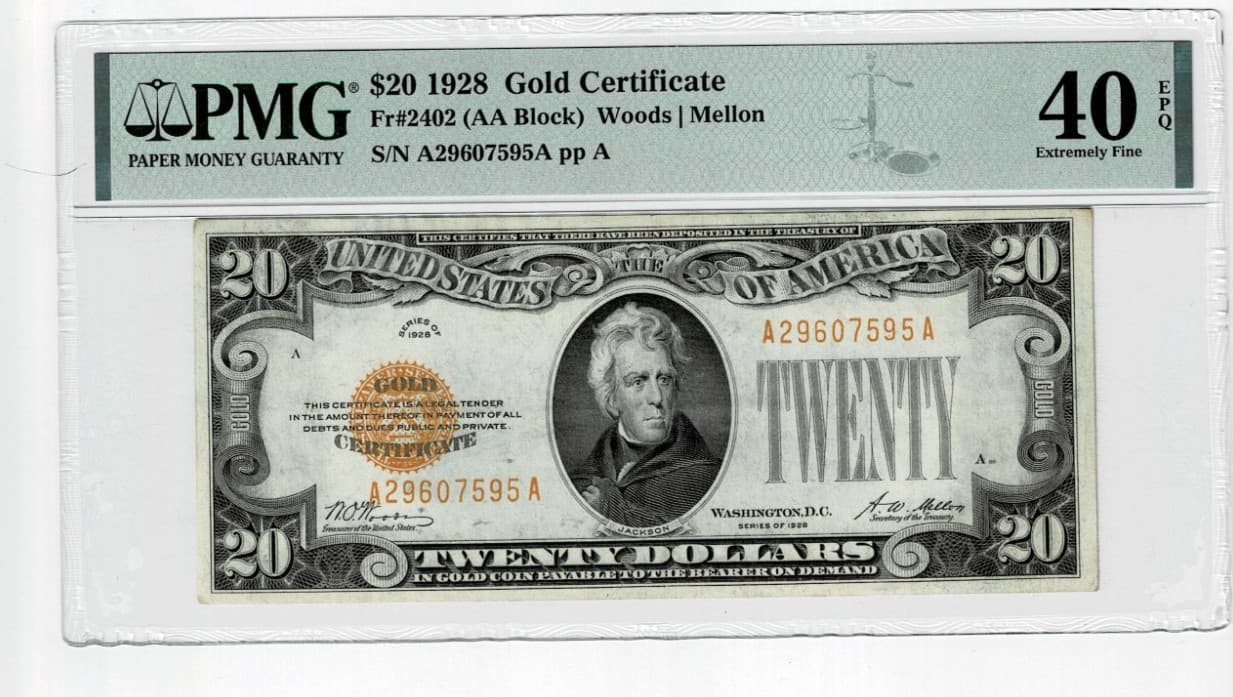 Sequential Triplets 1928 $20 Gold Certificate Fr. 2402 PMG 40 Two of them EPQ view 5