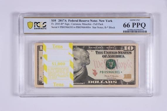 Full Star Pack of 100 X 2017A $10 Federal Reserve Note New York BEP GEM UNC