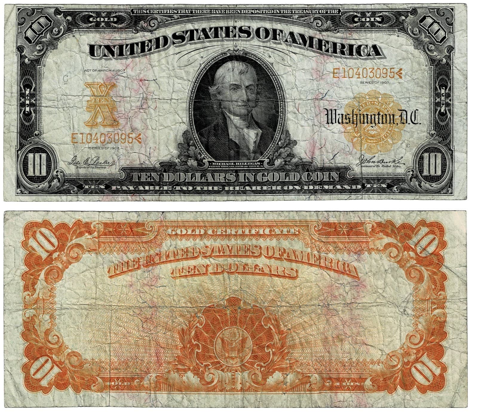 1907 $10 GOLD CERTIFICATE  Fr. 1172 HILLEGAS — view 1