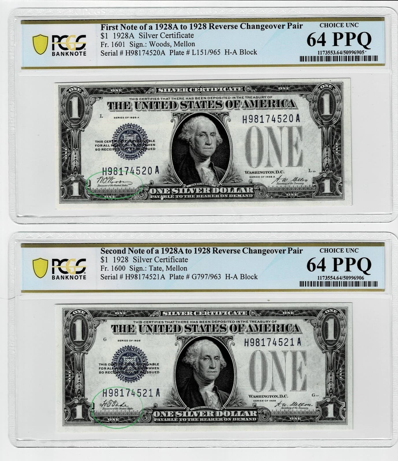 1928 1928A $1 Silver Certificate PCGS 64 PPQ changeover pair Fr 1600 Fr 1601