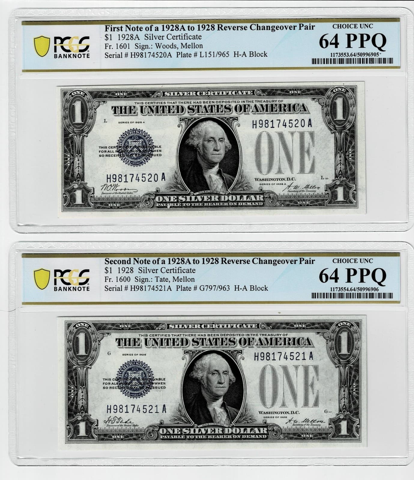 1928 1928A $1 Silver Certificate PCGS 64 PPQ changeover pair Fr 1600 Fr 1601 view 2