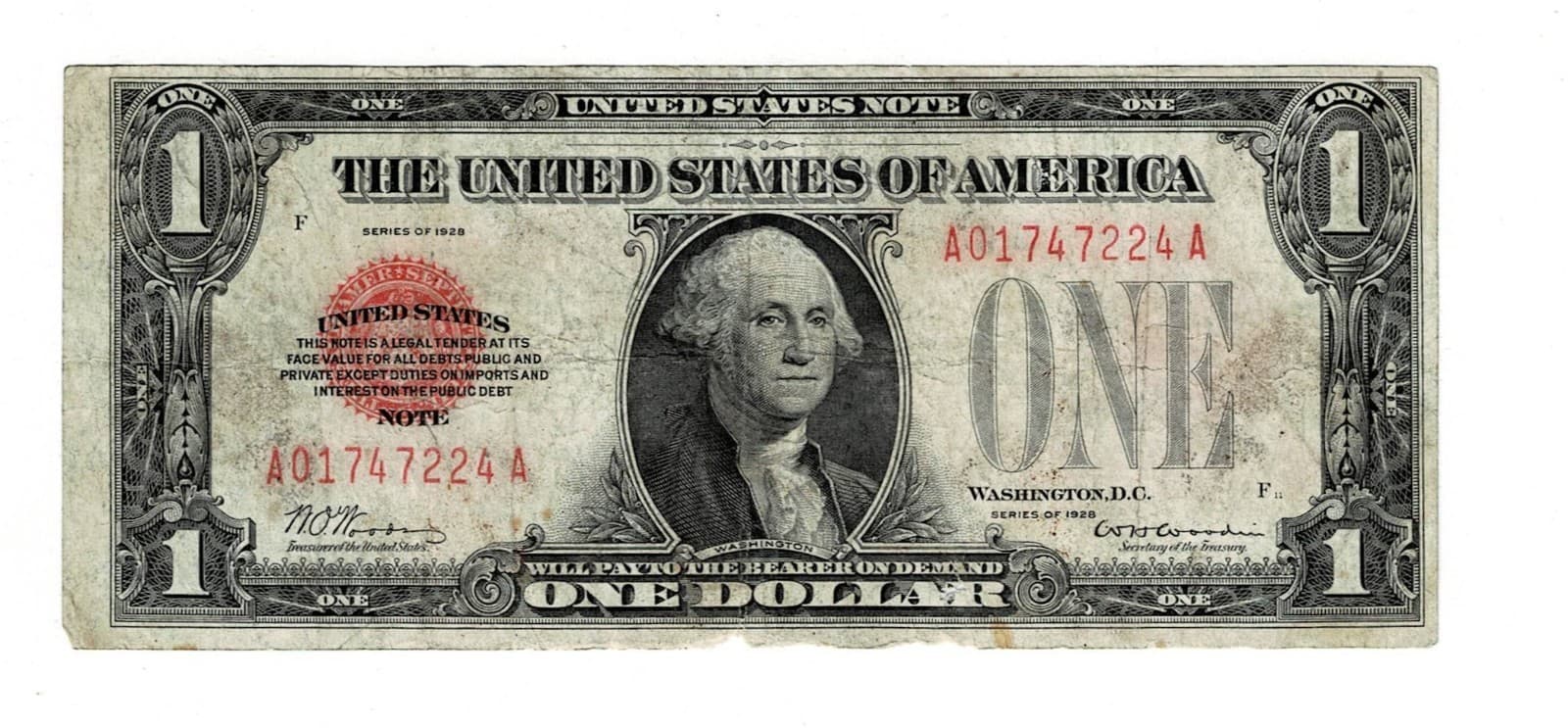 Series 1928 $1 United States Note Fr 1500 Red Seal Funny back
