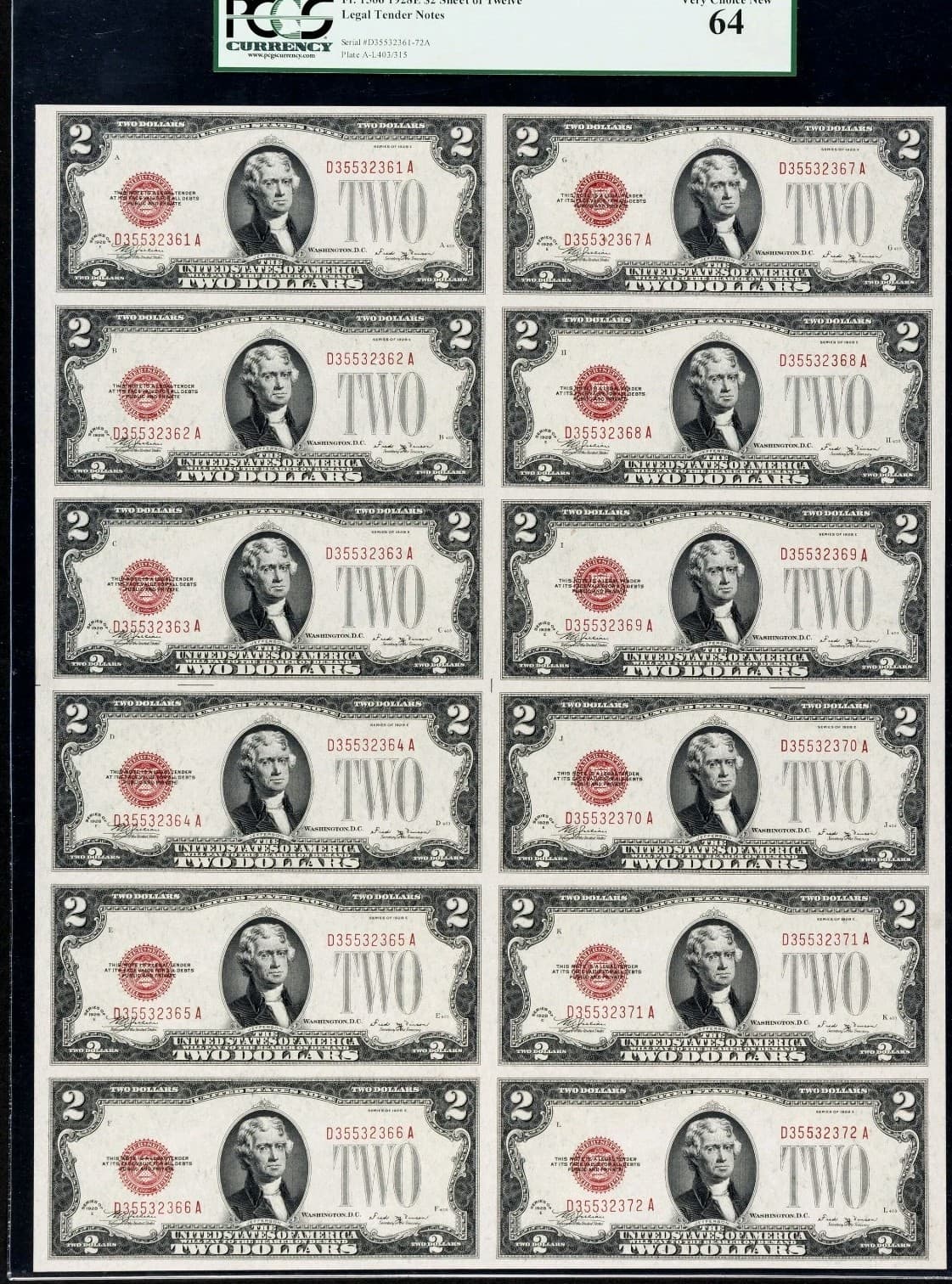 Fr. 1506 $2 1928E Legal Tender Notes. Uncut Sheet of 12. PCGS Very Choice New