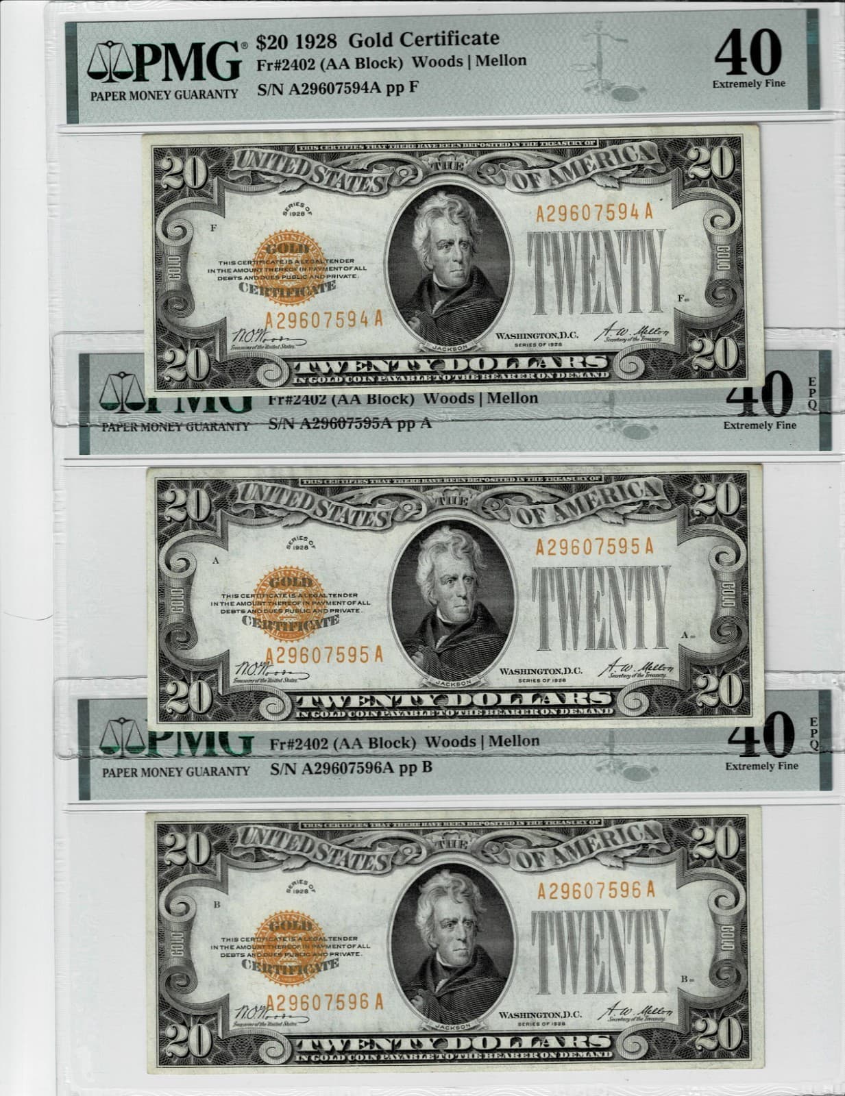 Sequential Triplets 1928 $20 Gold Certificate Fr. 2402 PMG 40 Two of them EPQ