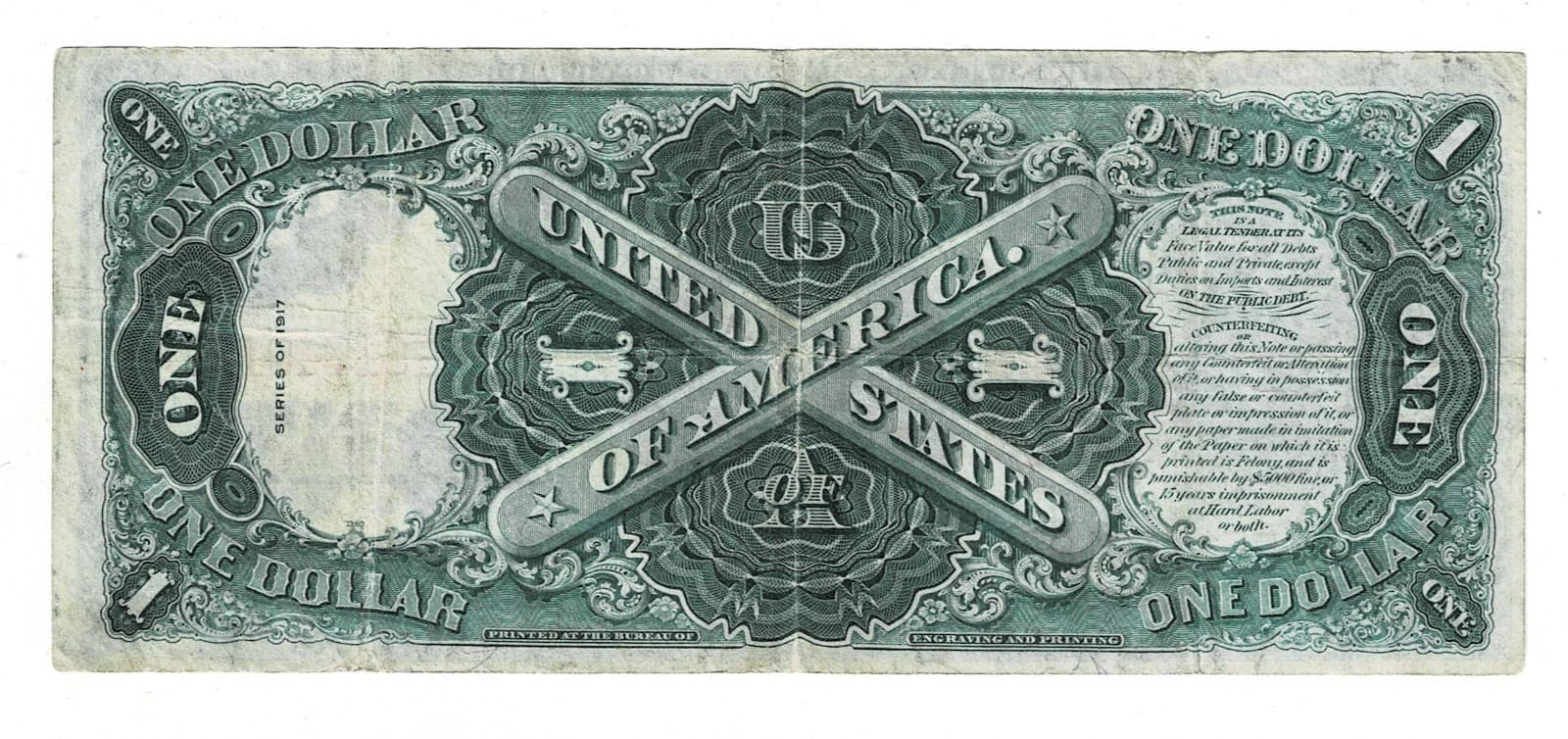 1917 $1 Legal Tender Note LARGE SIZE NOTE view 2