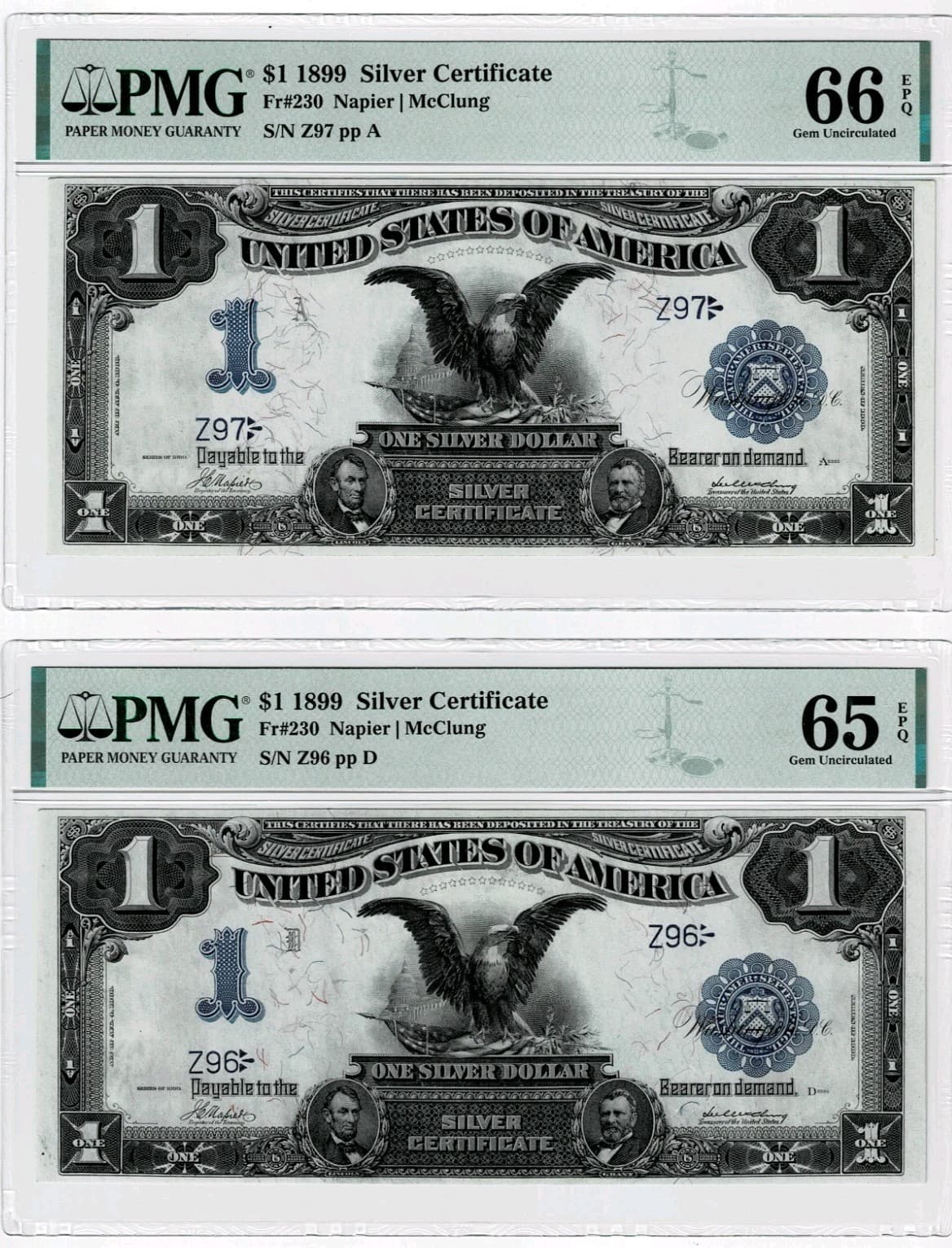 Super Rare Sequential 2-digit Black Eagles 1899 $1 Fr. 230 PMG 66EPQ 65 EPQ