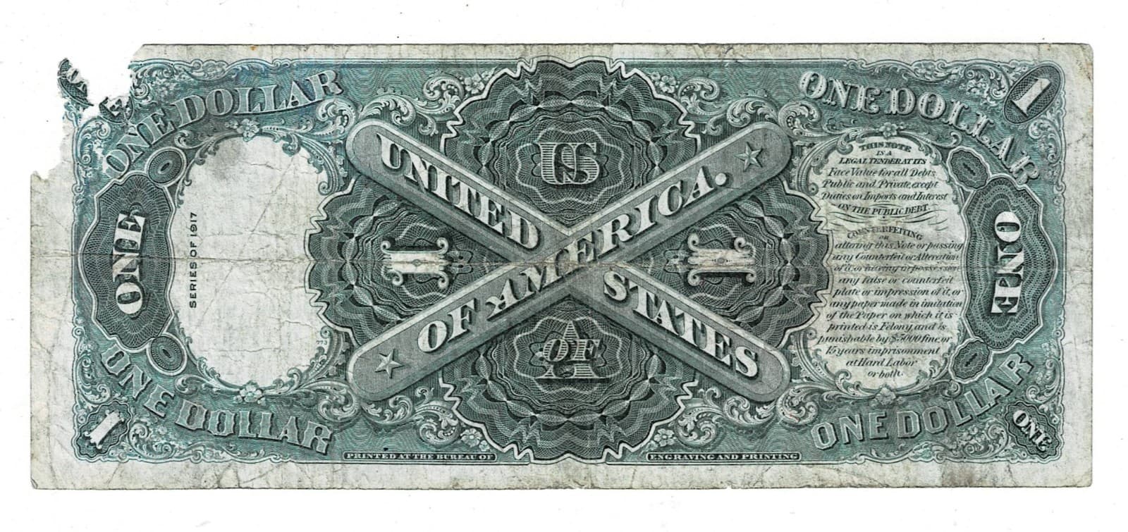 Part of History: 1917 $1 Legal Tender Note LARGE SIZE NOTE view 2