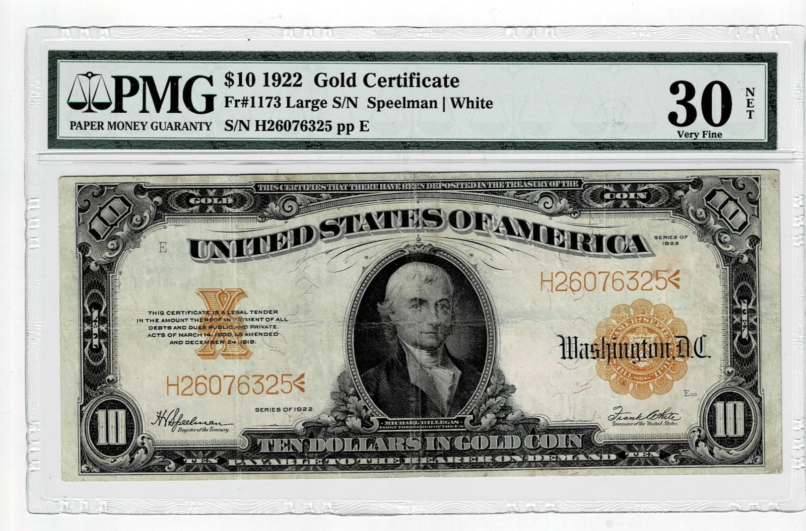 $10 1922 GOLD CERTIFICATE FR#1173 PMG 30 VERY FINE