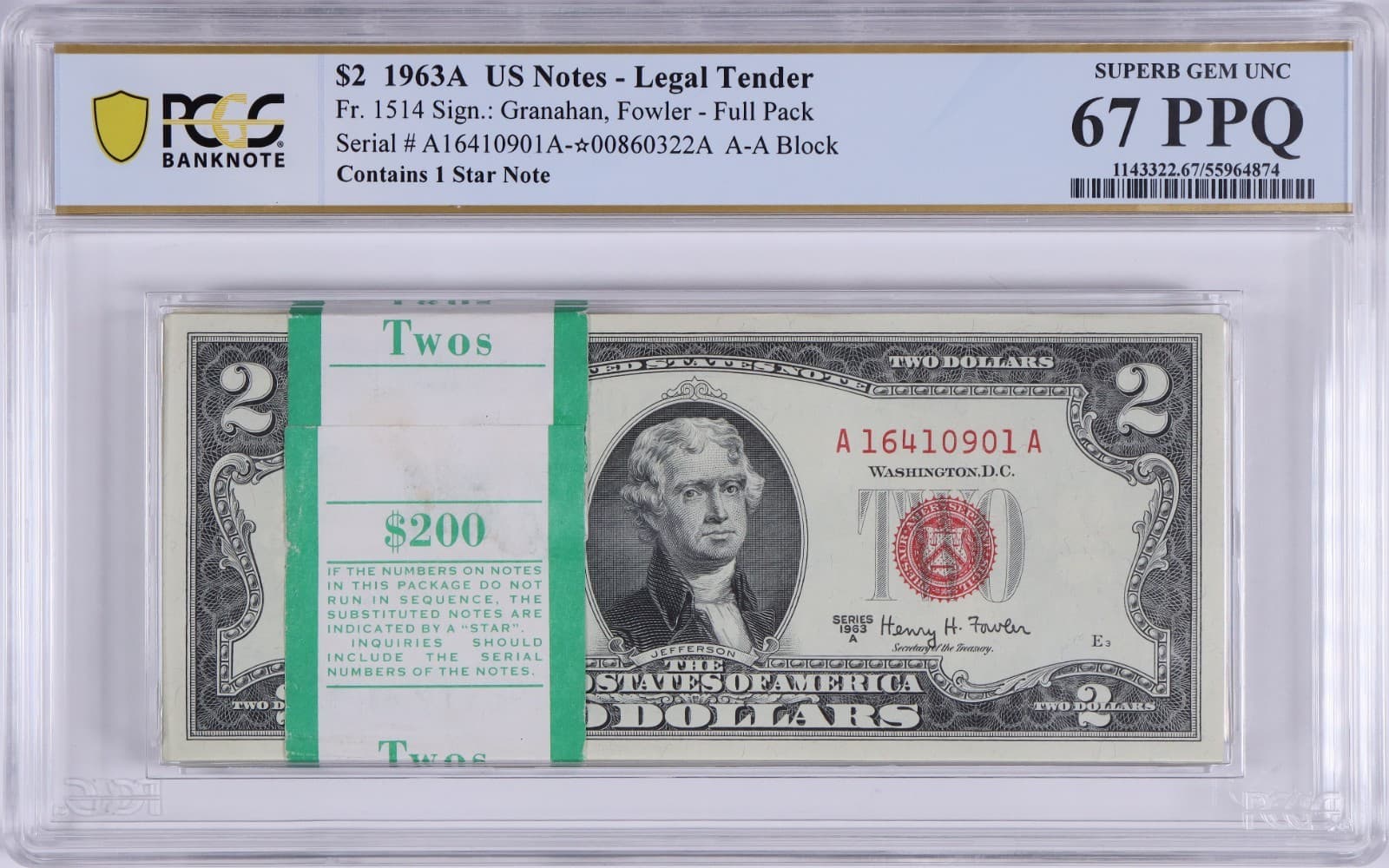 SUPERB GEM 💎 1963-A $2 FULL Pack Legal Tender 00 Sequential PCGS 67 W/ 1 Star