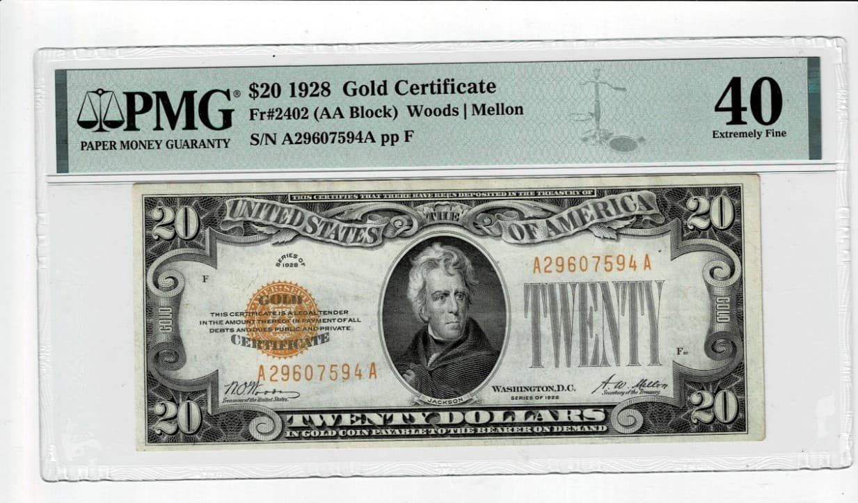 Sequential Triplets 1928 $20 Gold Certificate Fr. 2402 PMG 40 Two of them EPQ view 3