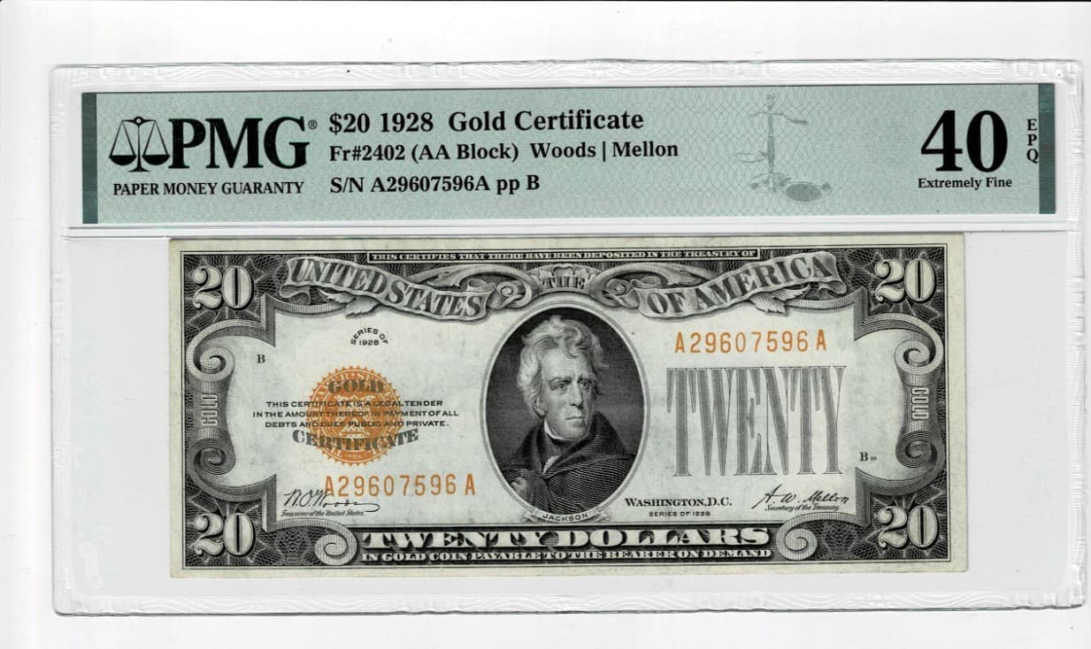 Sequential Triplets 1928 $20 Gold Certificate Fr. 2402 PMG 40 Two of them EPQ view 7