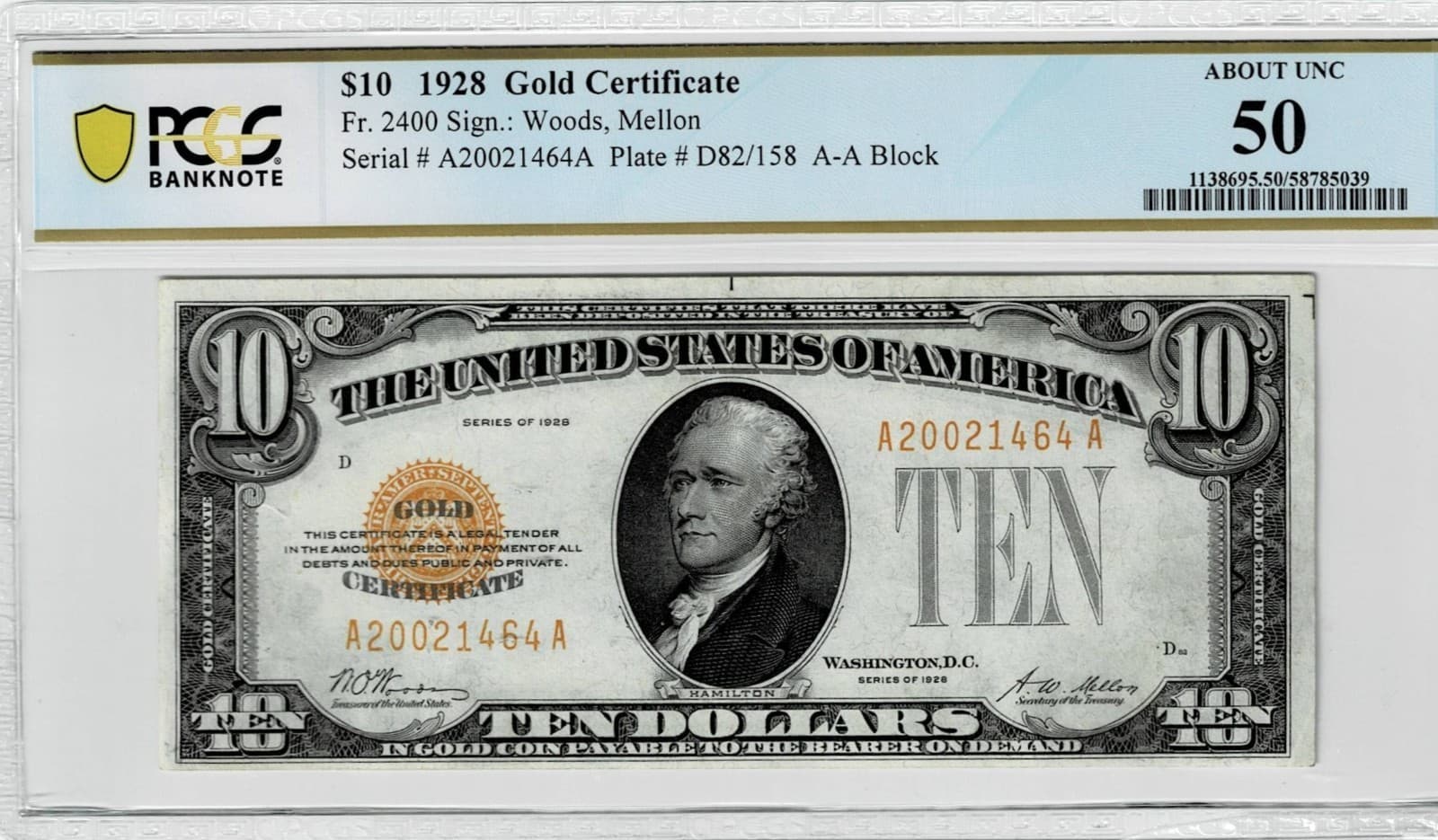1928 $10 Gold Certificate FR#2400 PCGS 50 About Uncirculated