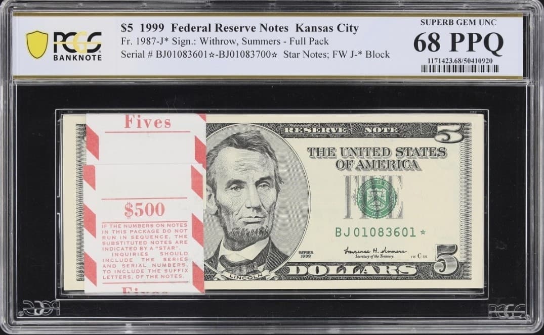 Superb GEM PACK 1999 $5 PCGS 68 PPQ FRN Kansas City 🌟STAR🌟 100 Consecutive
