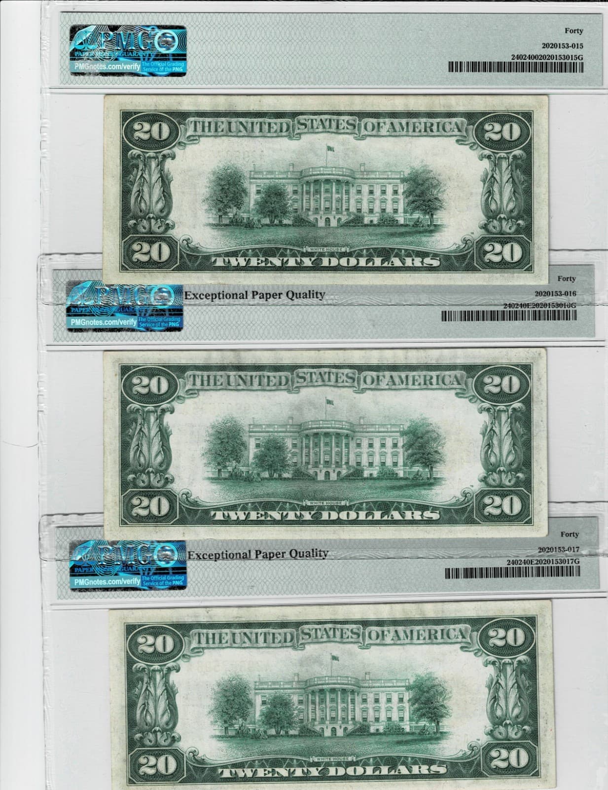 Sequential Triplets 1928 $20 Gold Certificate Fr. 2402 PMG 40 Two of them EPQ view 2